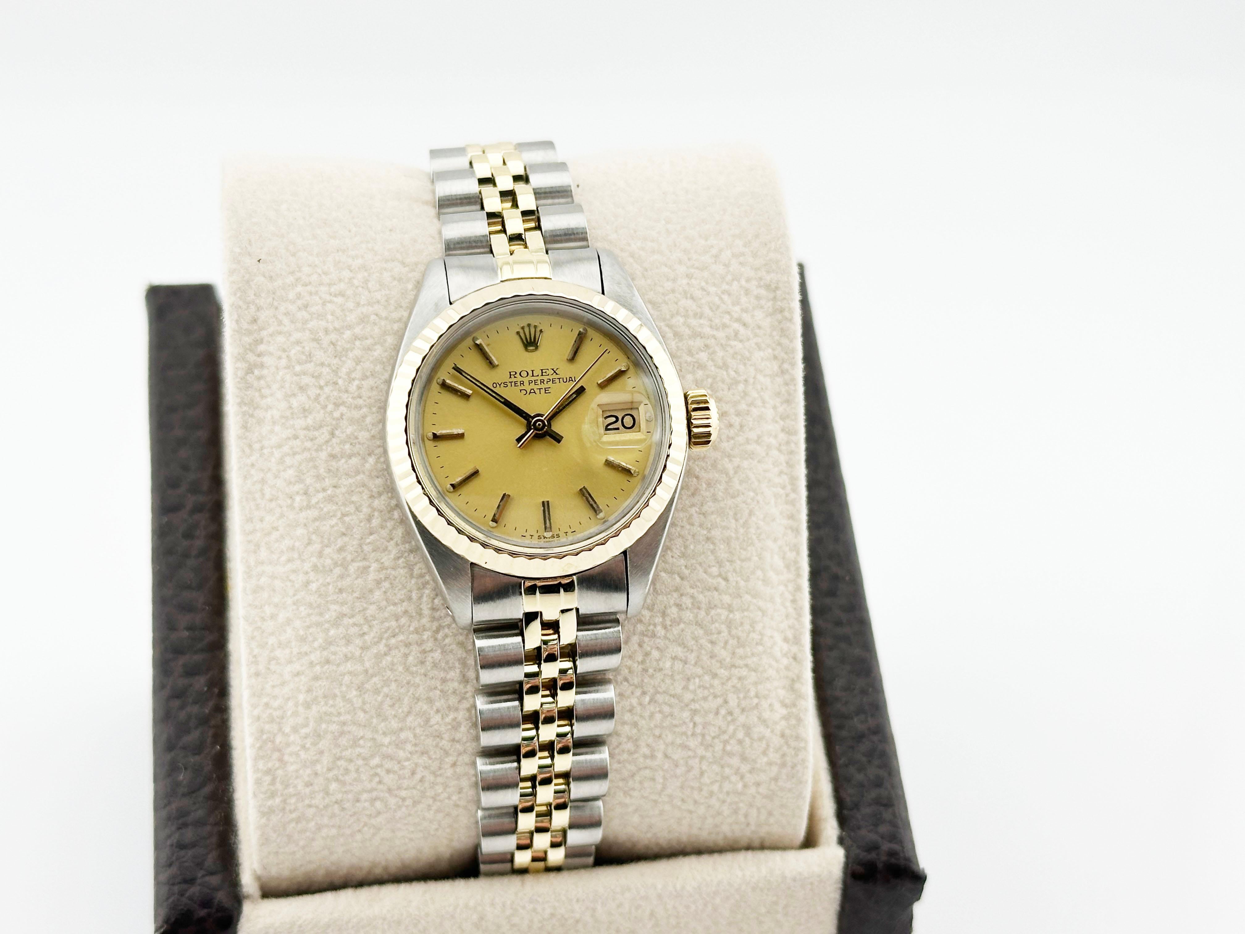 Style Number: 6917



Serial: 7043***



Year: 1981

 

Model: Rolex Ladies Date

 

Case Material: Stainless Steel 

 

Band: 18K Yellow Gold & Stainless Steel 

  

Bezel: 18K Yellow Gold 

  

Dial: Champagne 

 

Face: Acrylic 

 

Case Size: