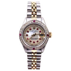 Vintage Rolex Ladies Date 6917 MOP Diamond Ruby Dial Bezel 14 Karat Gold Stainless