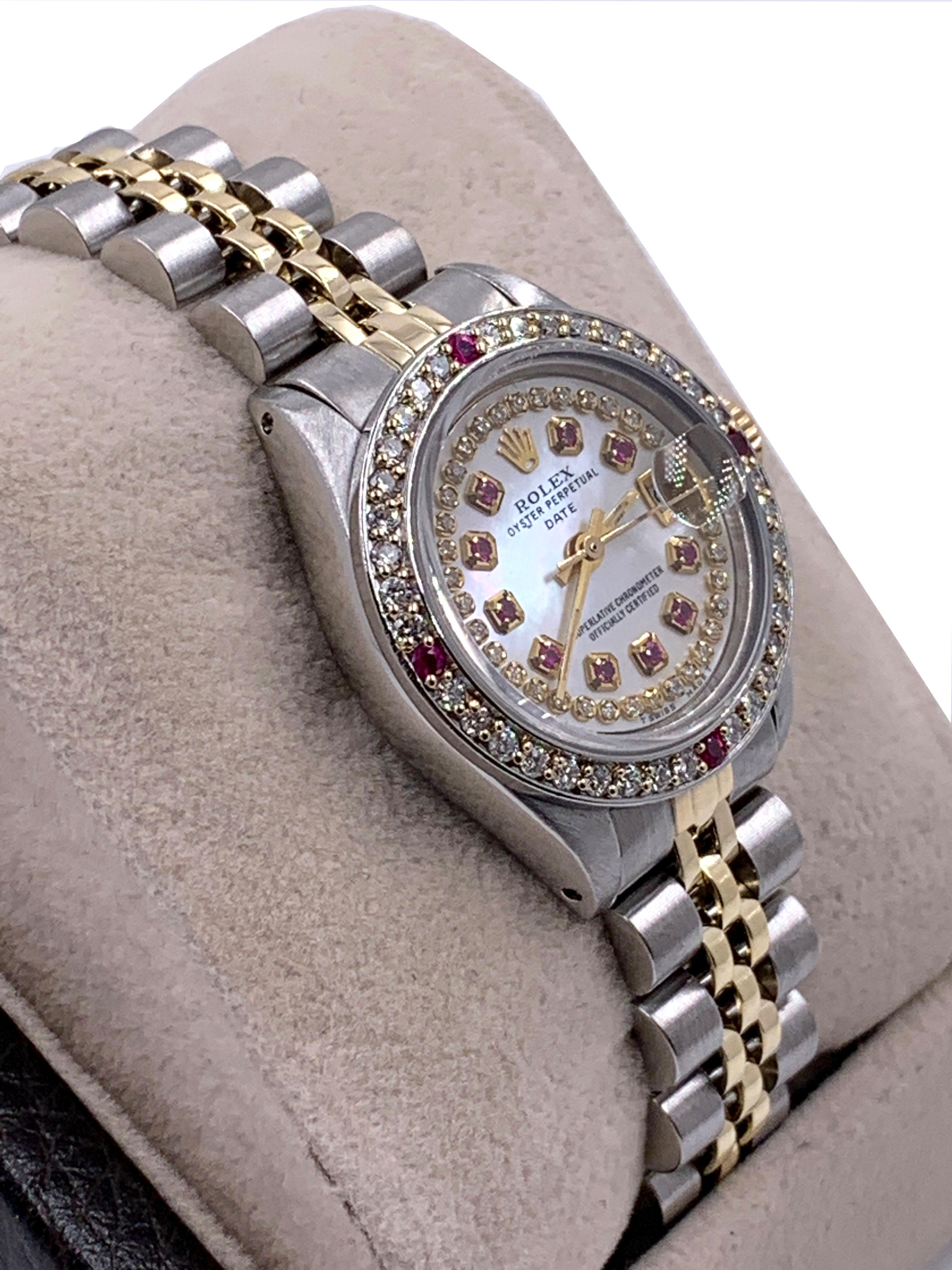 Rolex Ladies Date 6917 MOP Diamond Ruby Dial Bezel 14 Karat Gold Stainless In Excellent Condition In San Diego, CA