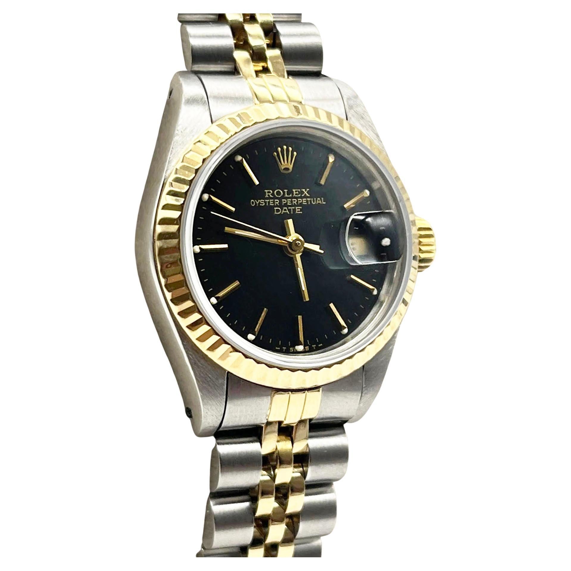 Rolex Ladies Date 69173 Black Dial 18k Yellow Gold Stainless Steel Box Paper