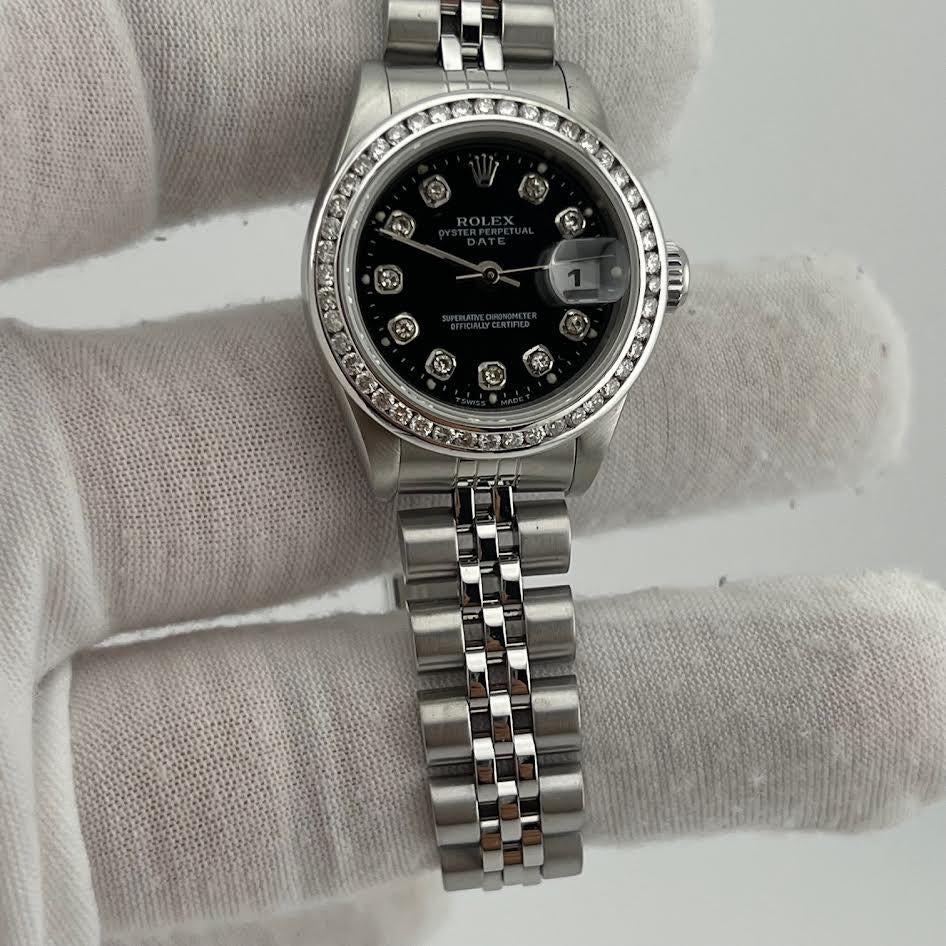 Rolex Donna Date 69240 26mm Quadrante nero con diamanti Lunetta con diamanti Acciaio inossidabile in vendita 7