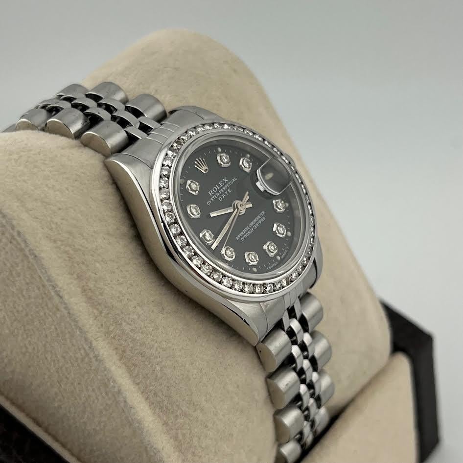 Taglio rotondo Rolex Donna Date 69240 26mm Quadrante nero con diamanti Lunetta con diamanti Acciaio inossidabile in vendita