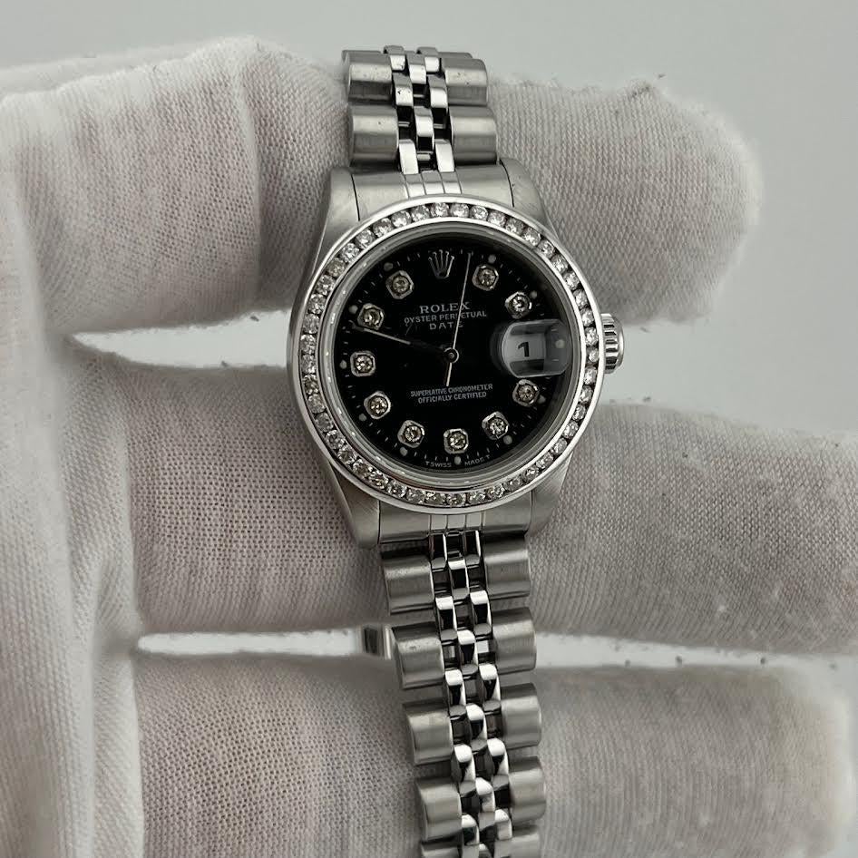 Rolex Donna Date 69240 26mm Quadrante nero con diamanti Lunetta con diamanti Acciaio inossidabile in vendita 3