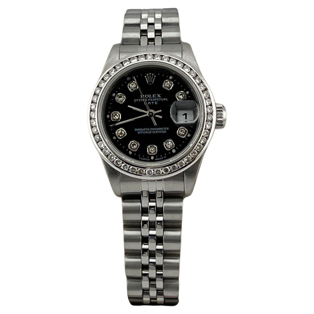 Rolex Donna Date 69240 26mm Quadrante nero con diamanti Lunetta con diamanti Acciaio inossidabile in vendita