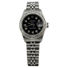 Rolex Donna Date 69240 26mm Quadrante nero con diamanti Lunetta con diamanti Acciaio inossidabile