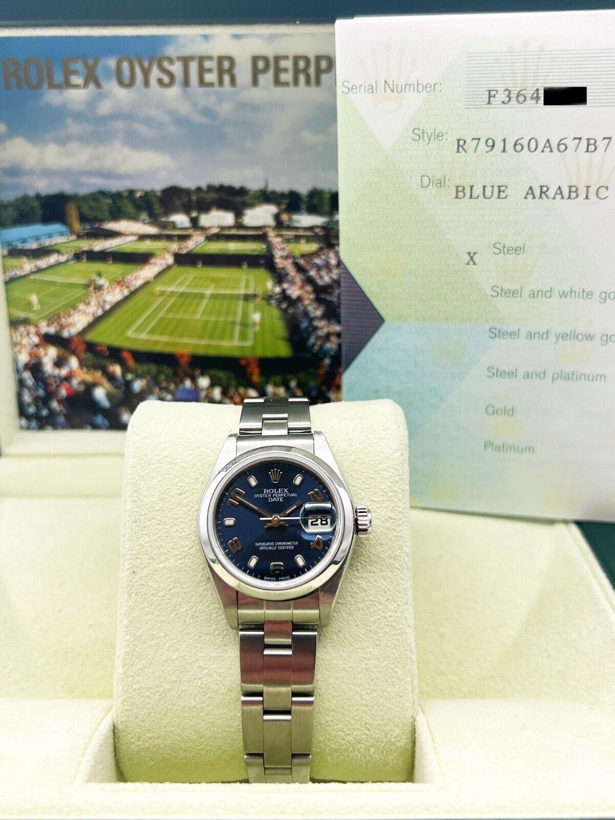 Style Number: 79160

Serial: F364***

Year: 2006

Model: Date

Case Material: Stainless Steel

Band:  Stainless Steel

Bezel:  Stainless Steel

Dial: Blue

Face: Sapphire Crystal 

Case Size: 26mm 

Includes: 

-Rolex Box & Paper

-Certified