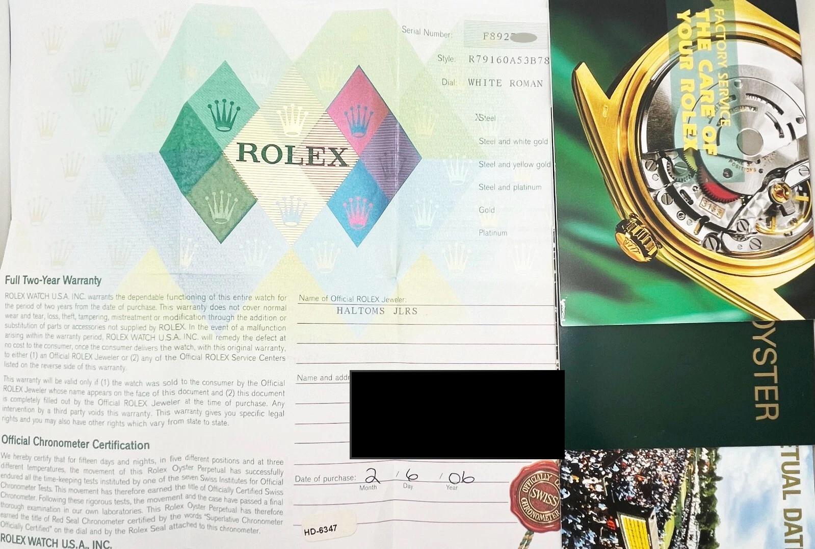 Rolex Ladies Date 79160 White Roman Dial Stainless Steel 2006 Box Papers Pour femmes en vente
