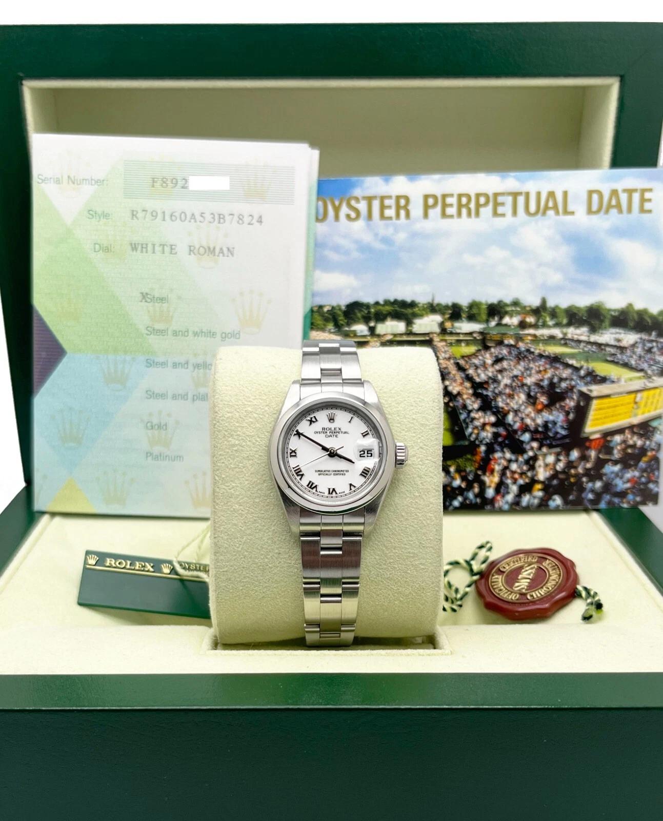Rolex Ladies Date 79160 White Roman Dial Stainless Steel 2006 Box Papers en vente 5