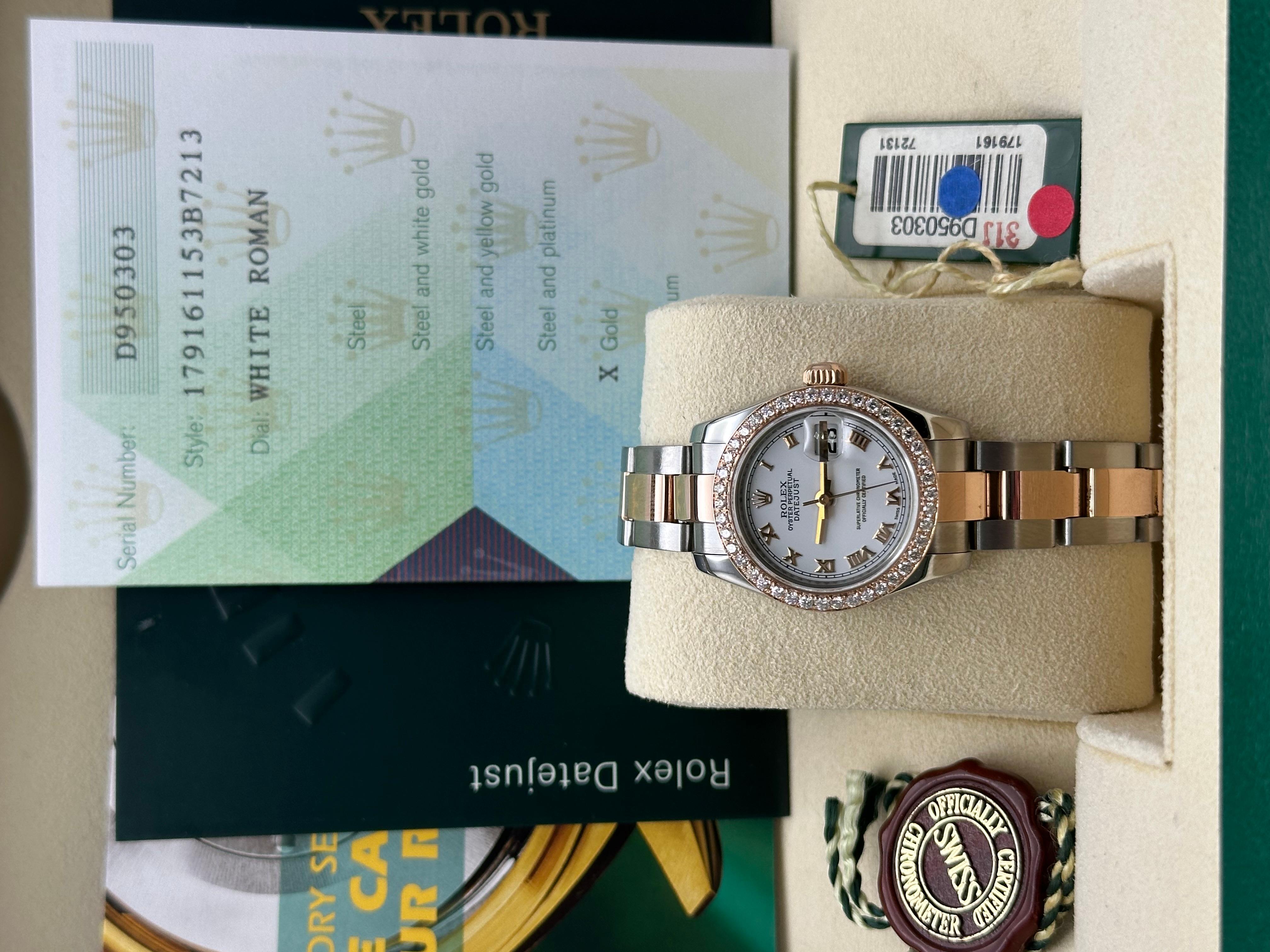 Rolex Ladies Datejust 179161 Diamond Bezel Roman 18K Rose Gold Steel Box Paper in vendita 6
