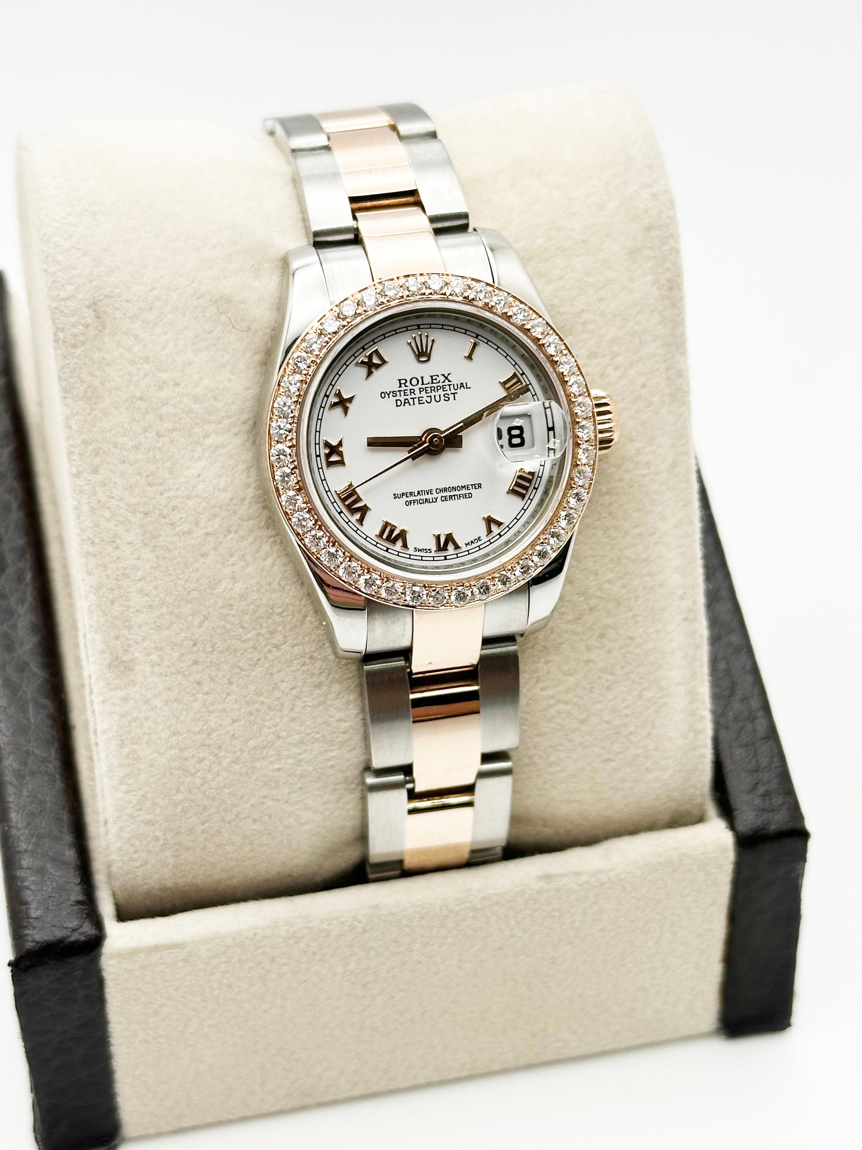 Rolex Ladies Datejust 179161 Diamond Bezel Roman 18K Rose Gold Steel Box Paper In condizioni ottime in vendita a San Diego, CA