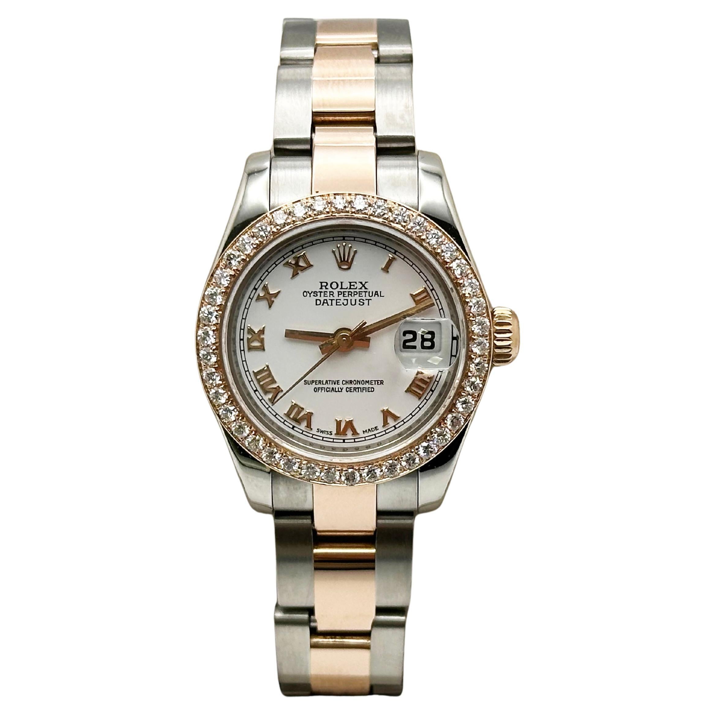 Rolex Ladies Datejust 179161 Diamond Bezel Roman 18K Rose Gold Steel Box Paper