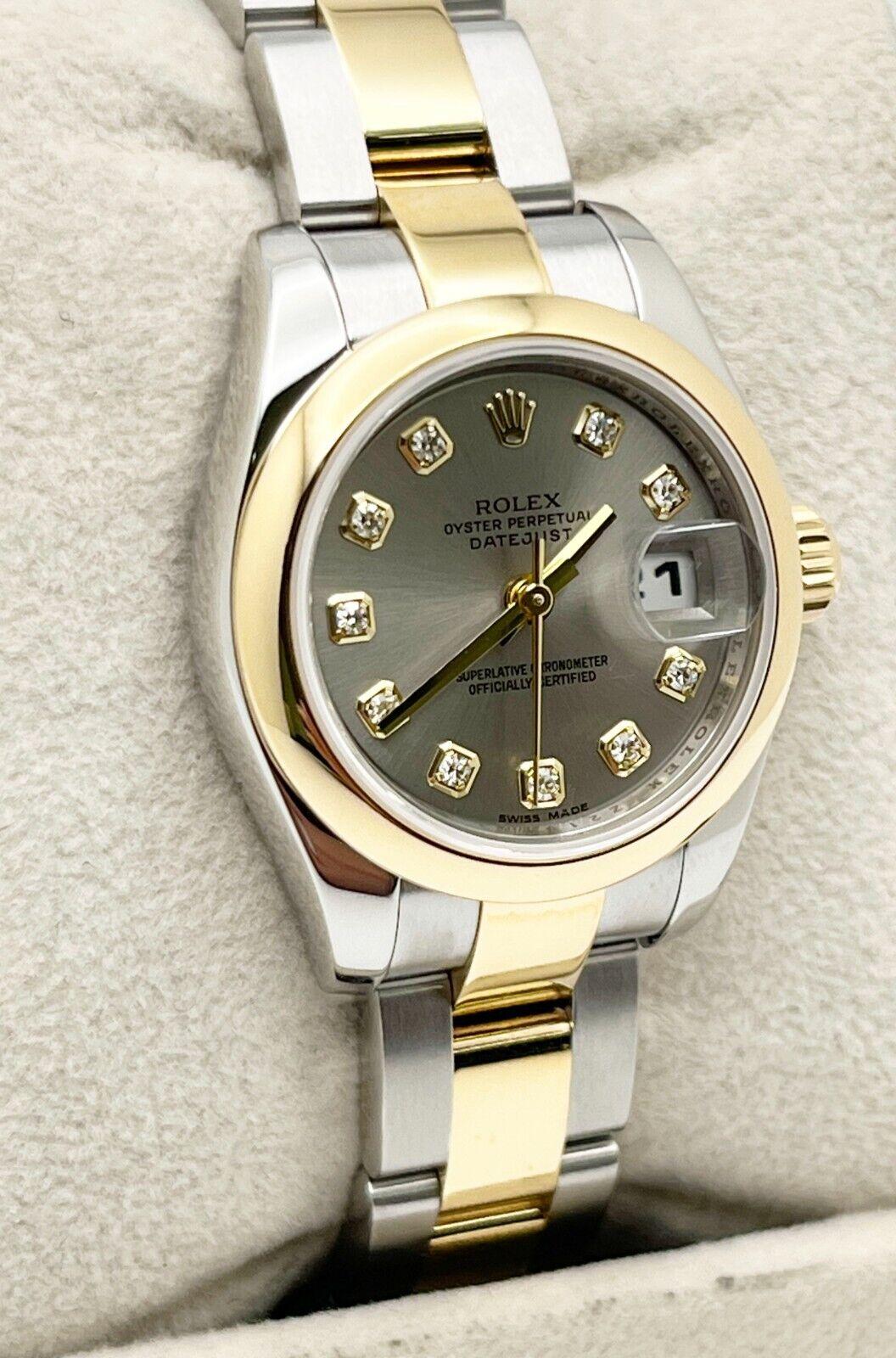 Style Number: 179163

Serial: Z213***

Year: 2006
 
Model: Ladies Datejust
 
Case Material: Stainless Steel
 
Band: 18K Yellow Gold & Stainless Steel
 
Bezel: 18K Yellow Gold
 
Dial: Factory Silver Diamond Dial 
 
Face: Sapphire Crystal
 
Case Size: