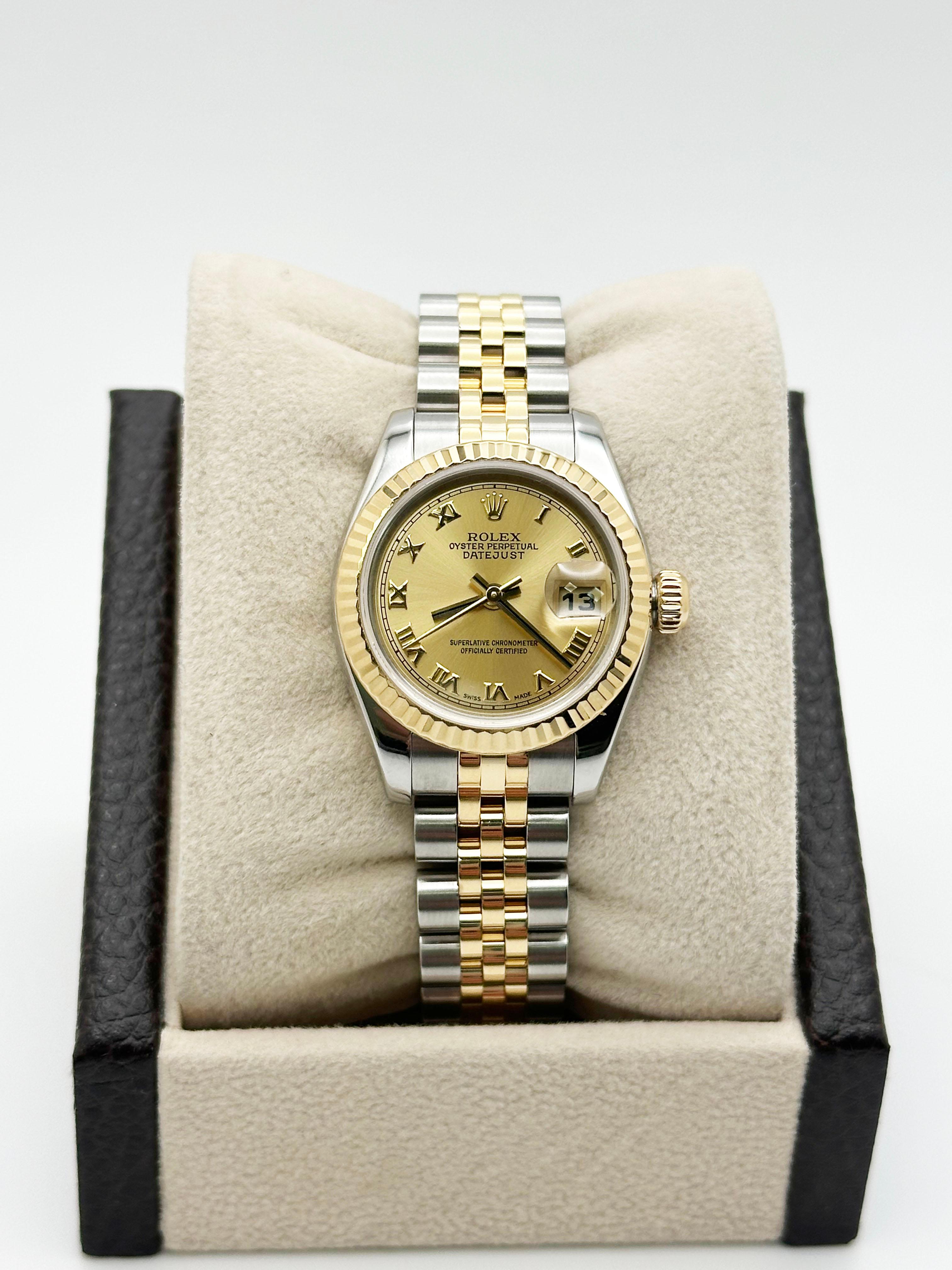 Rolex Ladies Datejust 179173 Champagne Roman 18K Yellow Gold Steel Box Paper In Excellent Condition In San Diego, CA