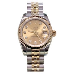 Rolex Ladies Datejust 179173 Diamond Dial 18 Karat Gold Steel Box Papers, 2007