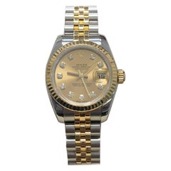 Rolex Ladies Datejust 179173 Diamond Dial 18 Karat Gold Steel Box Papers, 2007