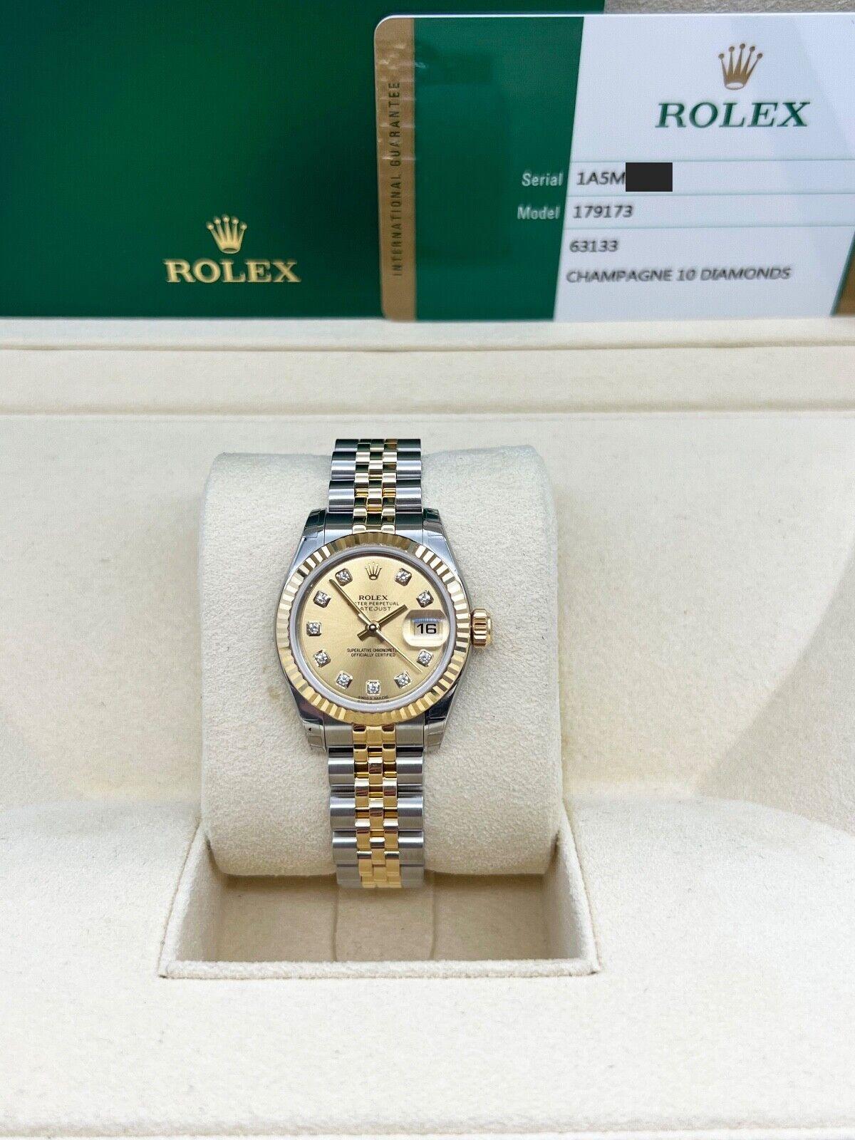 
Style Number: 179173



Serial: 1A5M2***



Year: 2015

 

Model: Ladies Datejust

 

Case Material: Stainless Steel

 

Band: 18K Yellow Gold & Stainless Steel 

  

Bezel: 18K Yellow Gold

  

Dial: Factory Champagne Diamond Dial

 

Face: