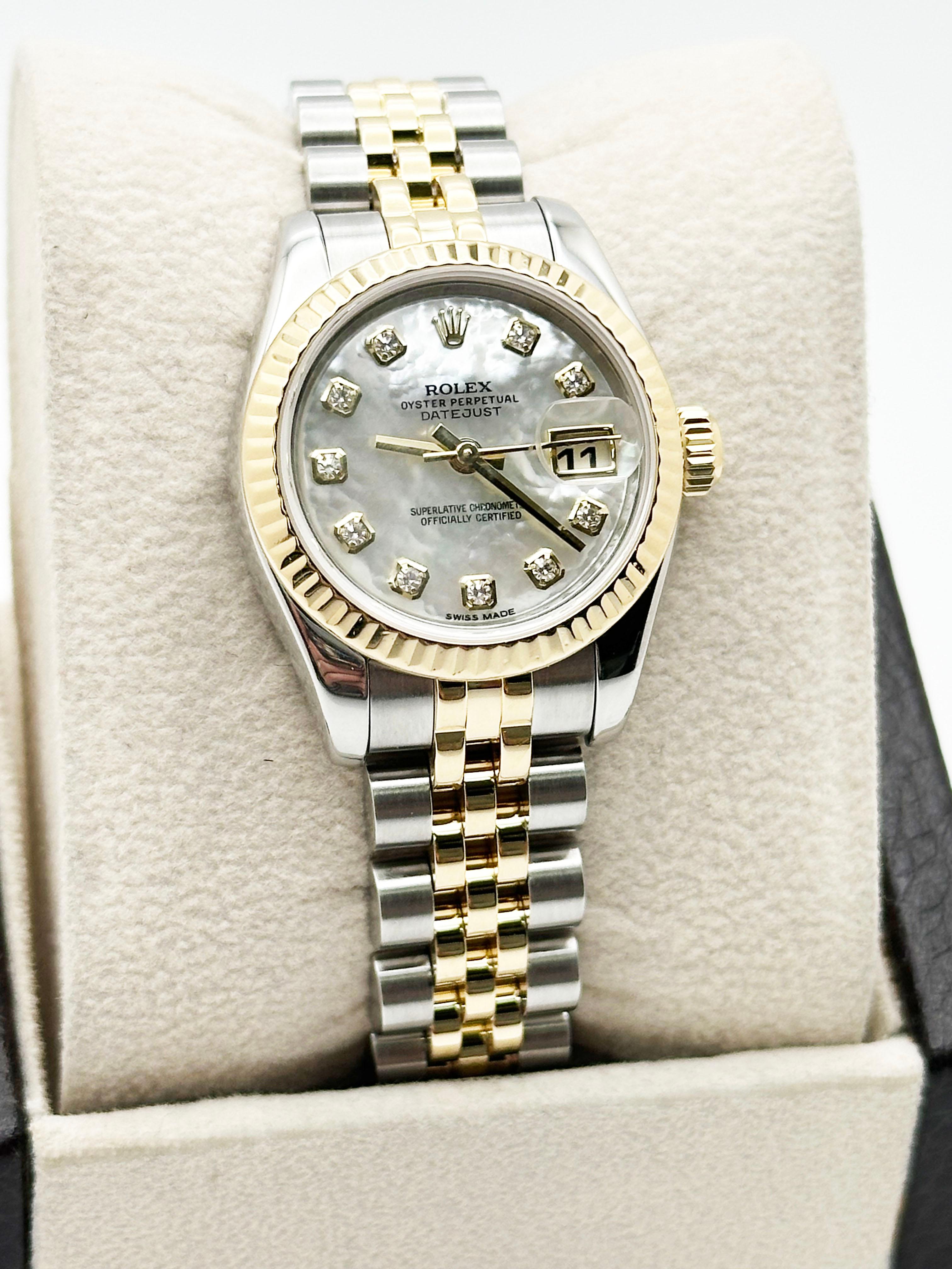 Women's Rolex Ladies Datejust 179173 MOP Diamond Dial 18K Yellow Gold Steel Service Card For Sale