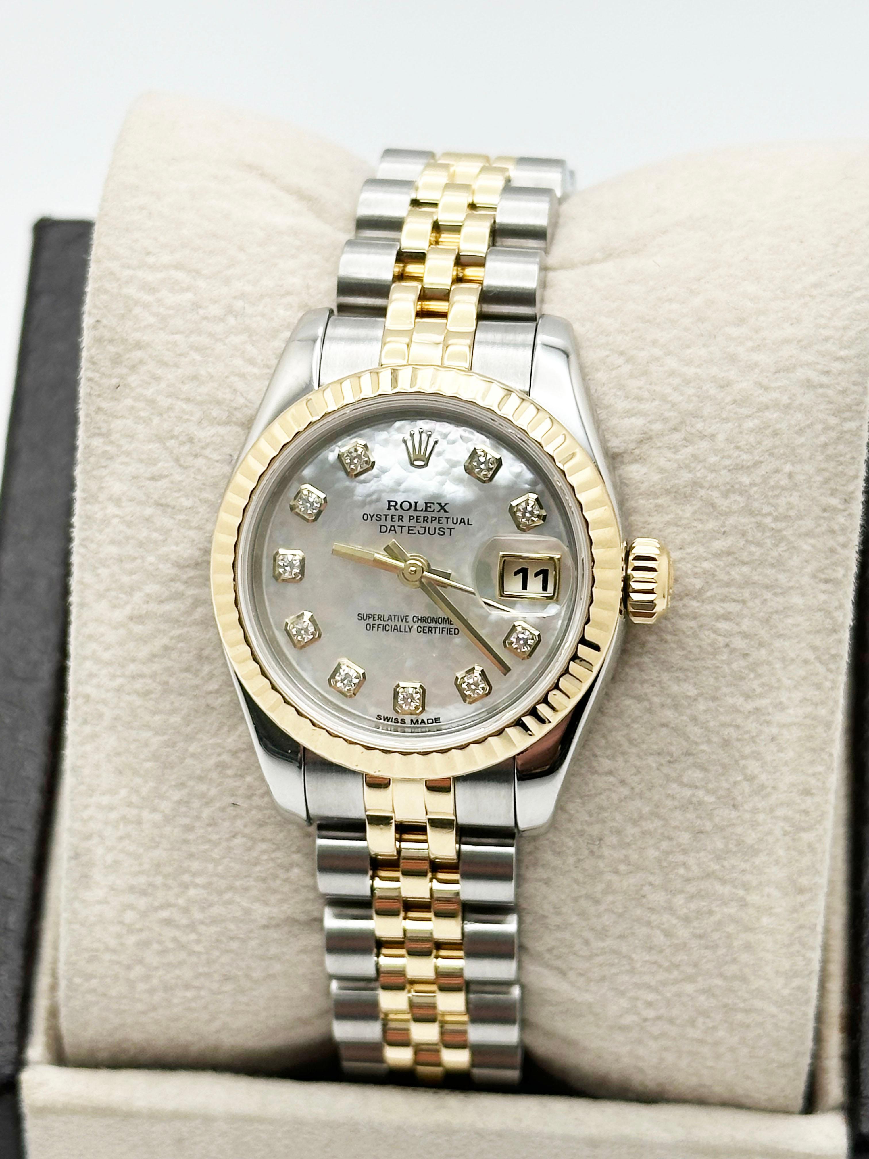 Rolex Ladies Datejust 179173 MOP Diamond Dial 18K Yellow Gold Steel Service Card For Sale 1