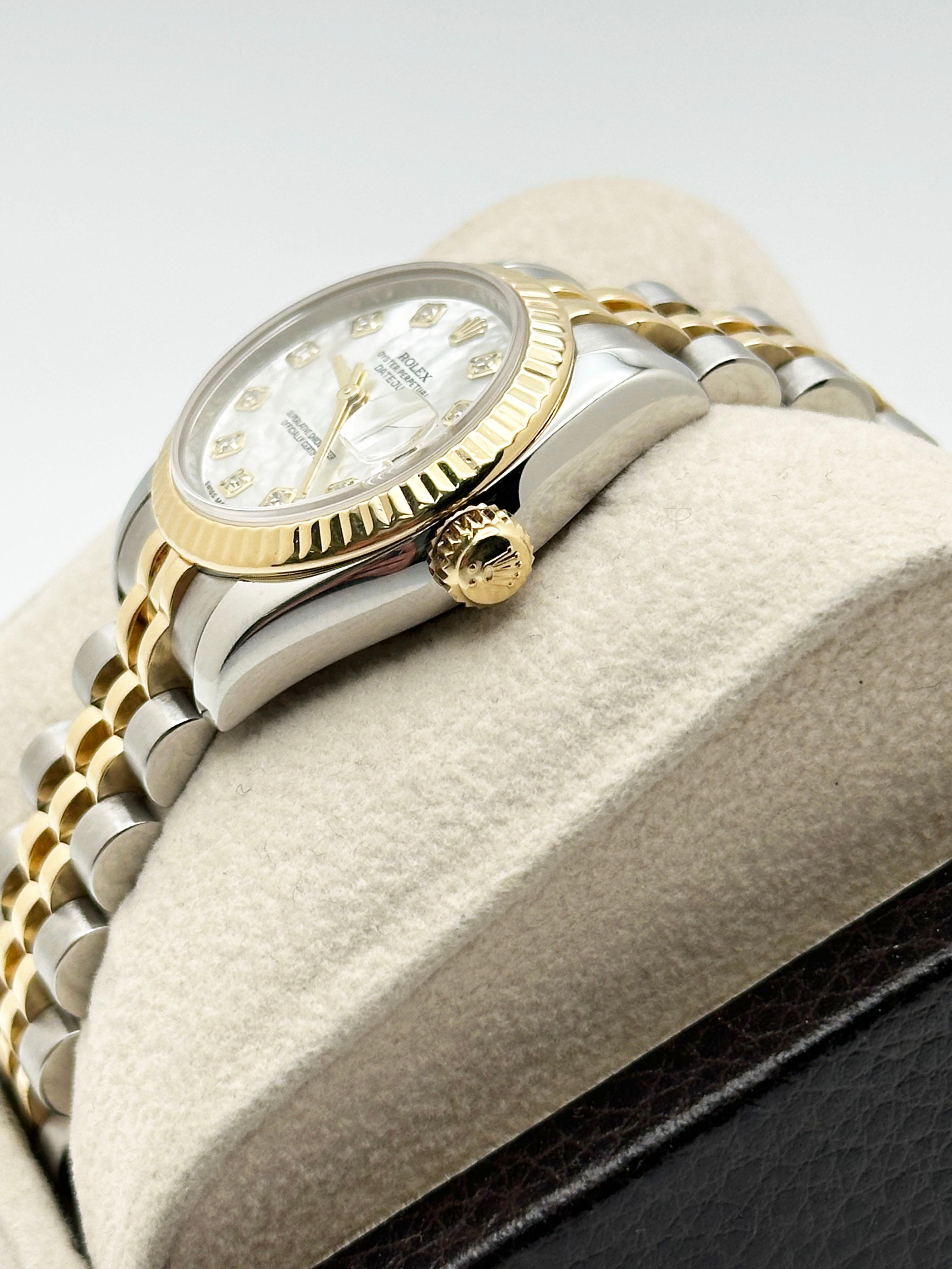 Rolex Ladies Datejust 179173 MOP Diamond Dial 18K Yellow Gold Steel Service Card For Sale 2