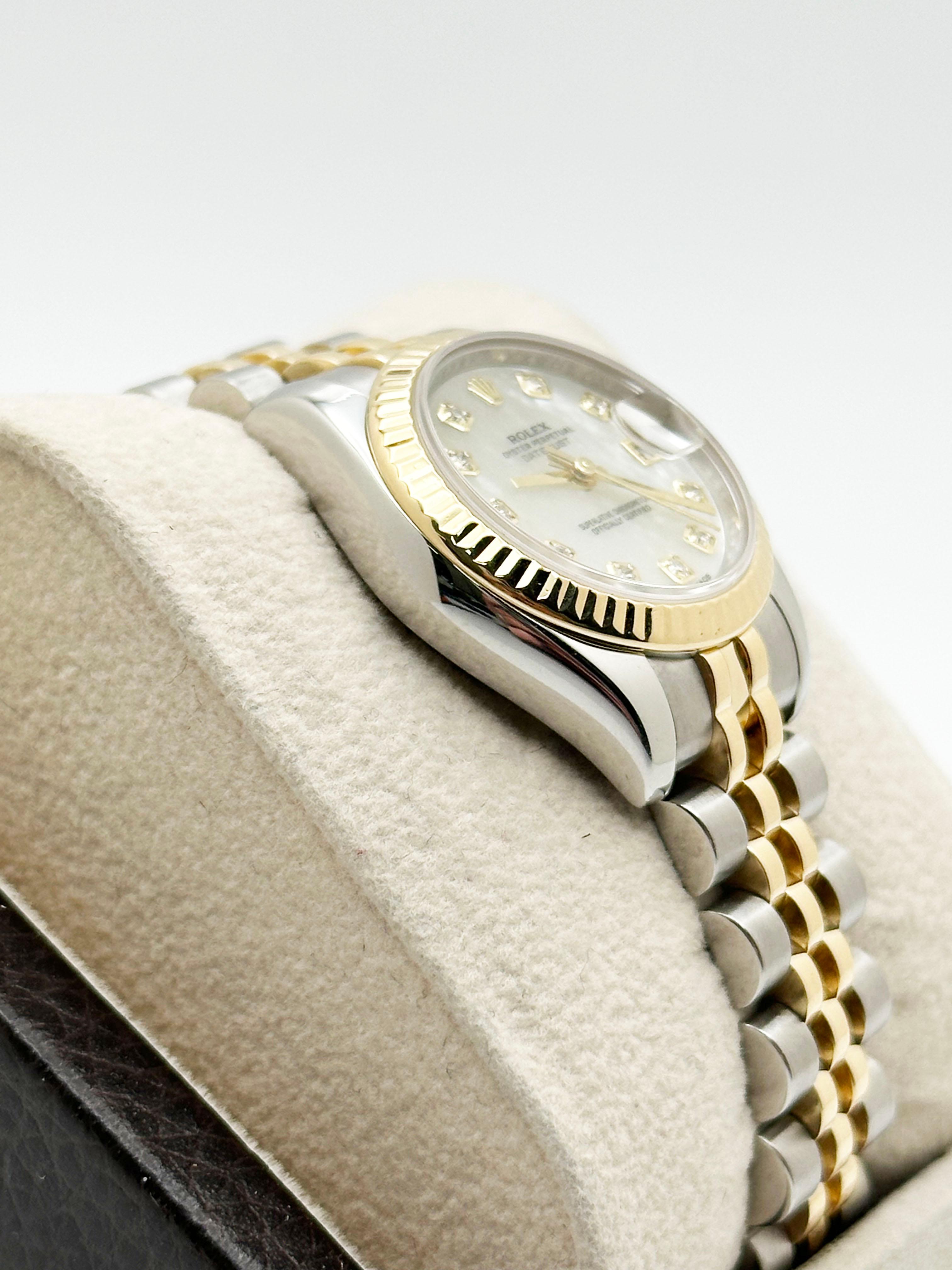 Rolex Ladies Datejust 179173 MOP Diamond Dial 18K Yellow Gold Steel Service Card For Sale 3