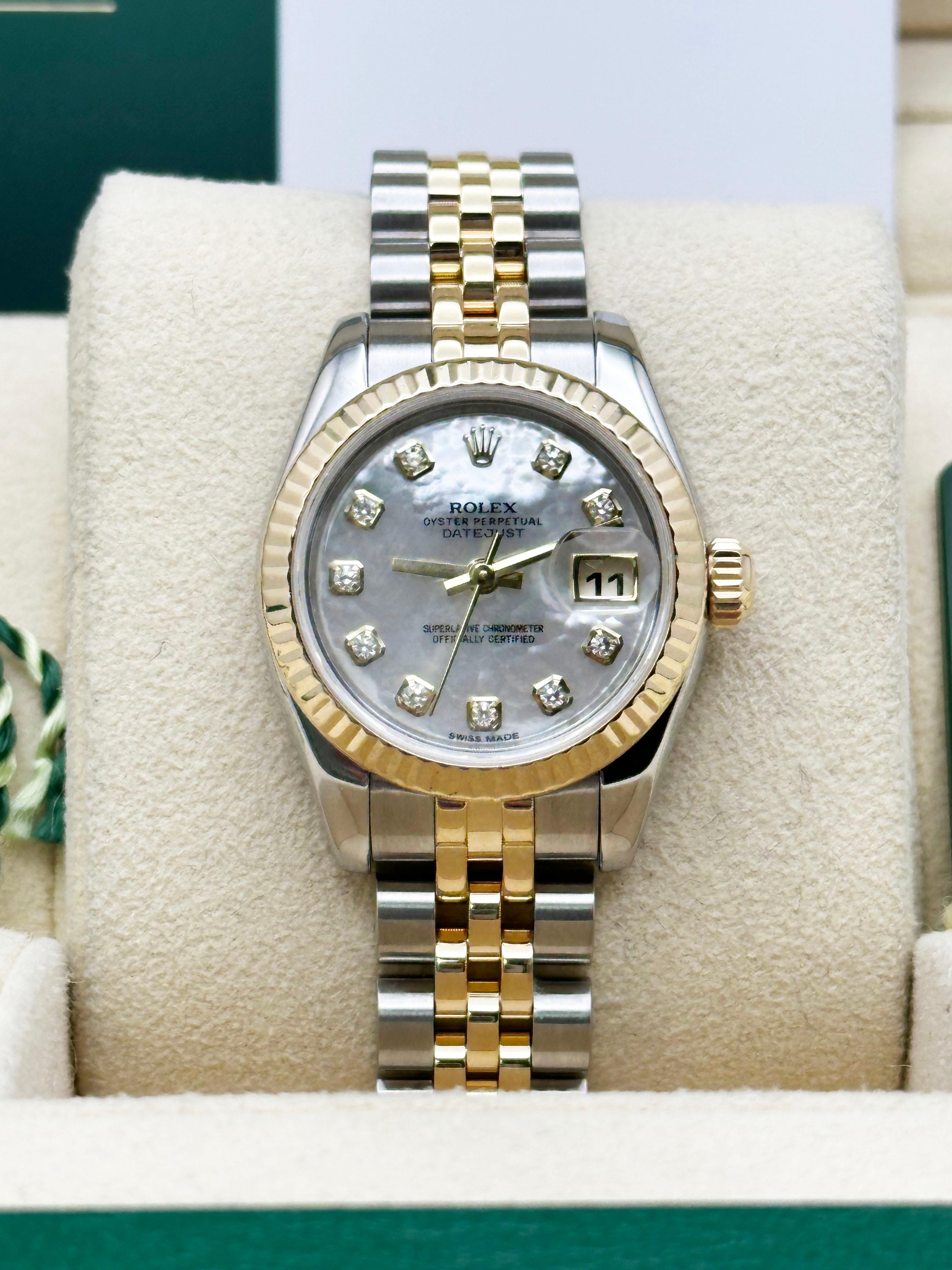 Rolex Ladies Datejust 179173 MOP Diamond Dial 18K Yellow Gold Steel Service Card