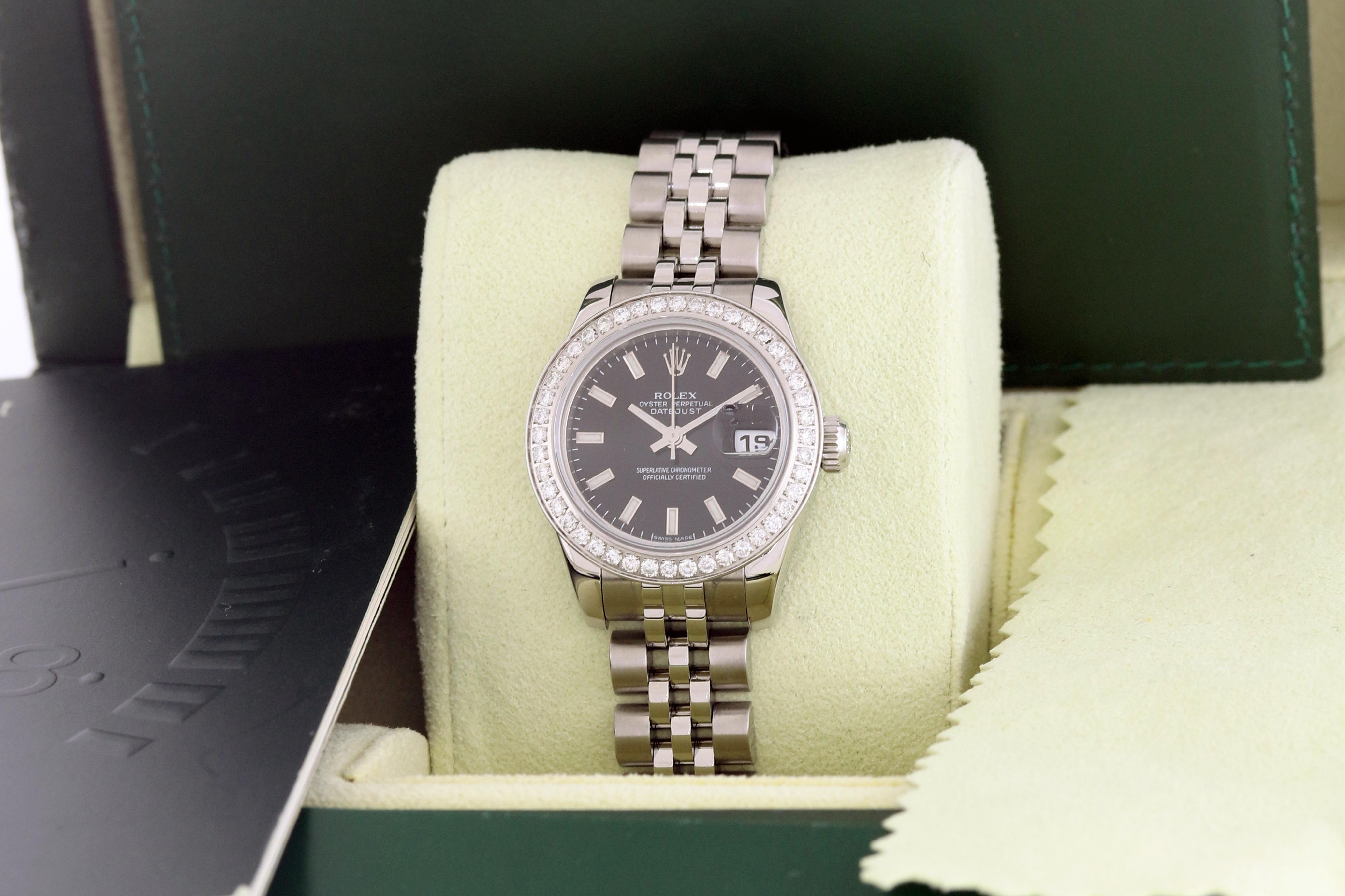 Rolex Ladies Datejust 179174 904L Steel Black Index Diamond Watch For Sale 4