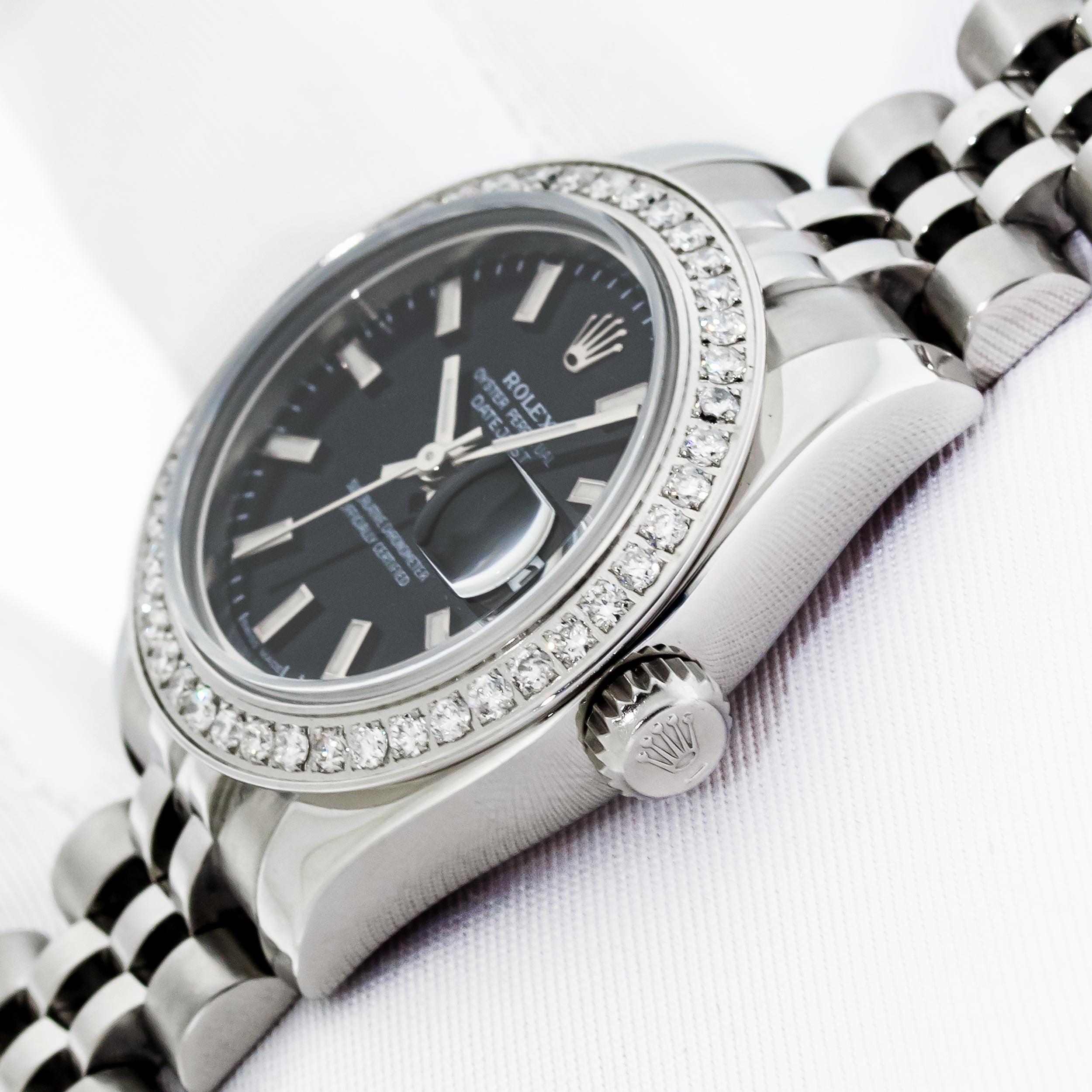 Round Cut Rolex Ladies Datejust 179174 904L Steel Black Index Diamond Watch For Sale