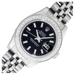 Rolex Ladies Datejust 179174 904L Steel Black Index Diamond Watch