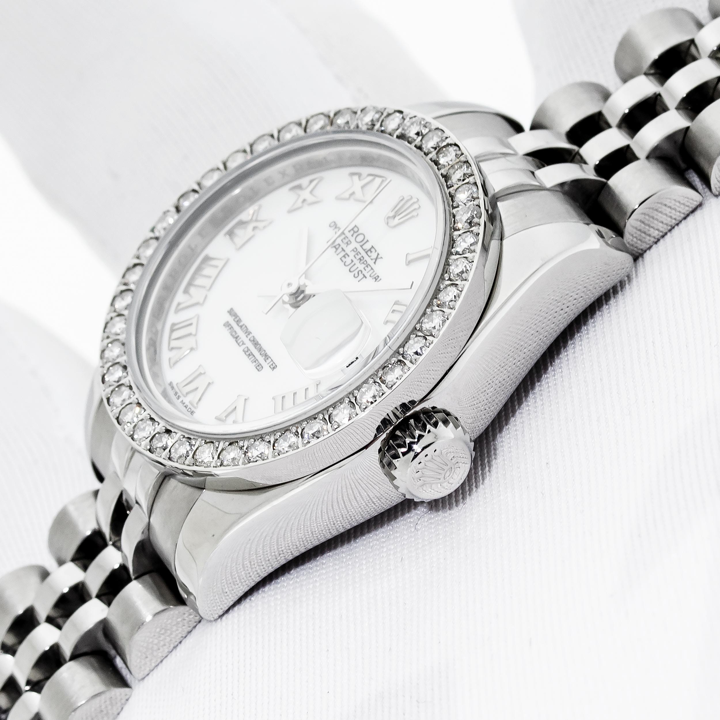 Round Cut Rolex Ladies Datejust 179174 904L Steel White Roman Diamond Watch For Sale