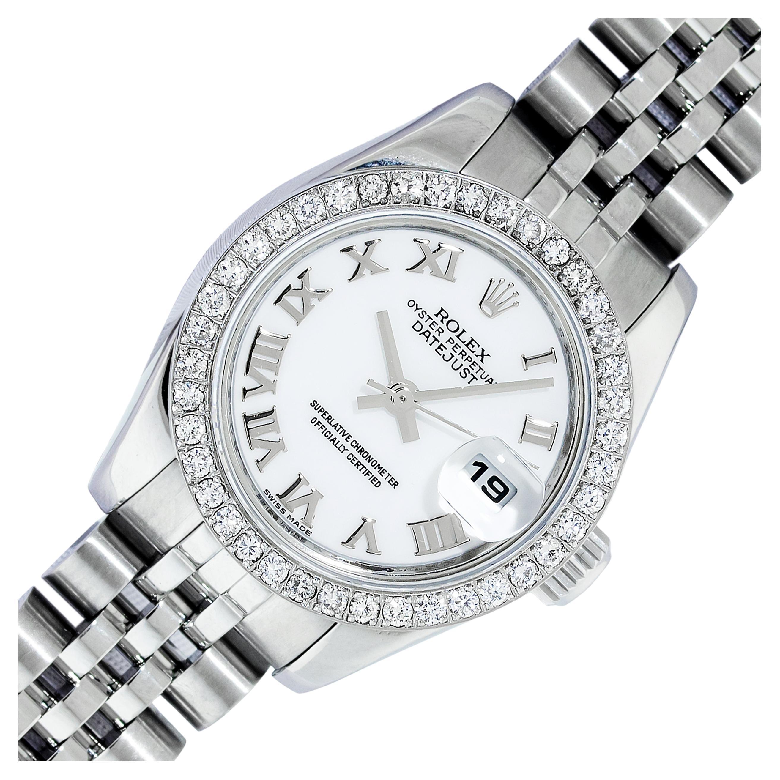 Rolex Ladies Datejust 179174 904L Steel White Roman Diamond Watch For Sale