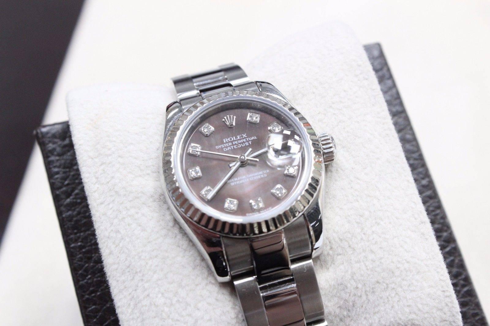 Rolex Ladies DateJust 179174 MOP Diamond Dial 18K Gold & Steel w/Box & Papers In Excellent Condition In San Diego, CA