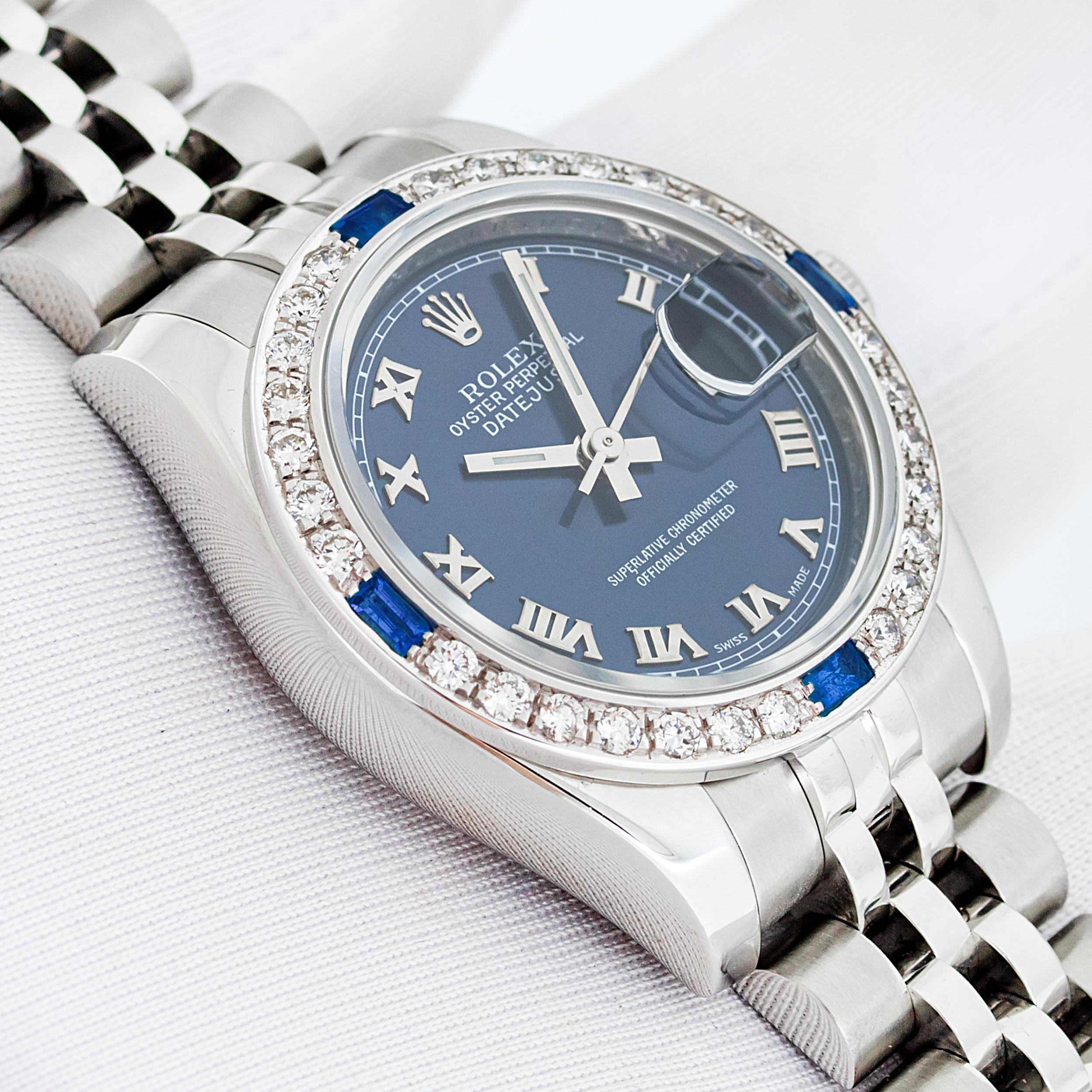 Rolex Ladies Datejust 179174 Steel and 18 karat Gold Blue Roman Diamond Sapphire For Sale 4