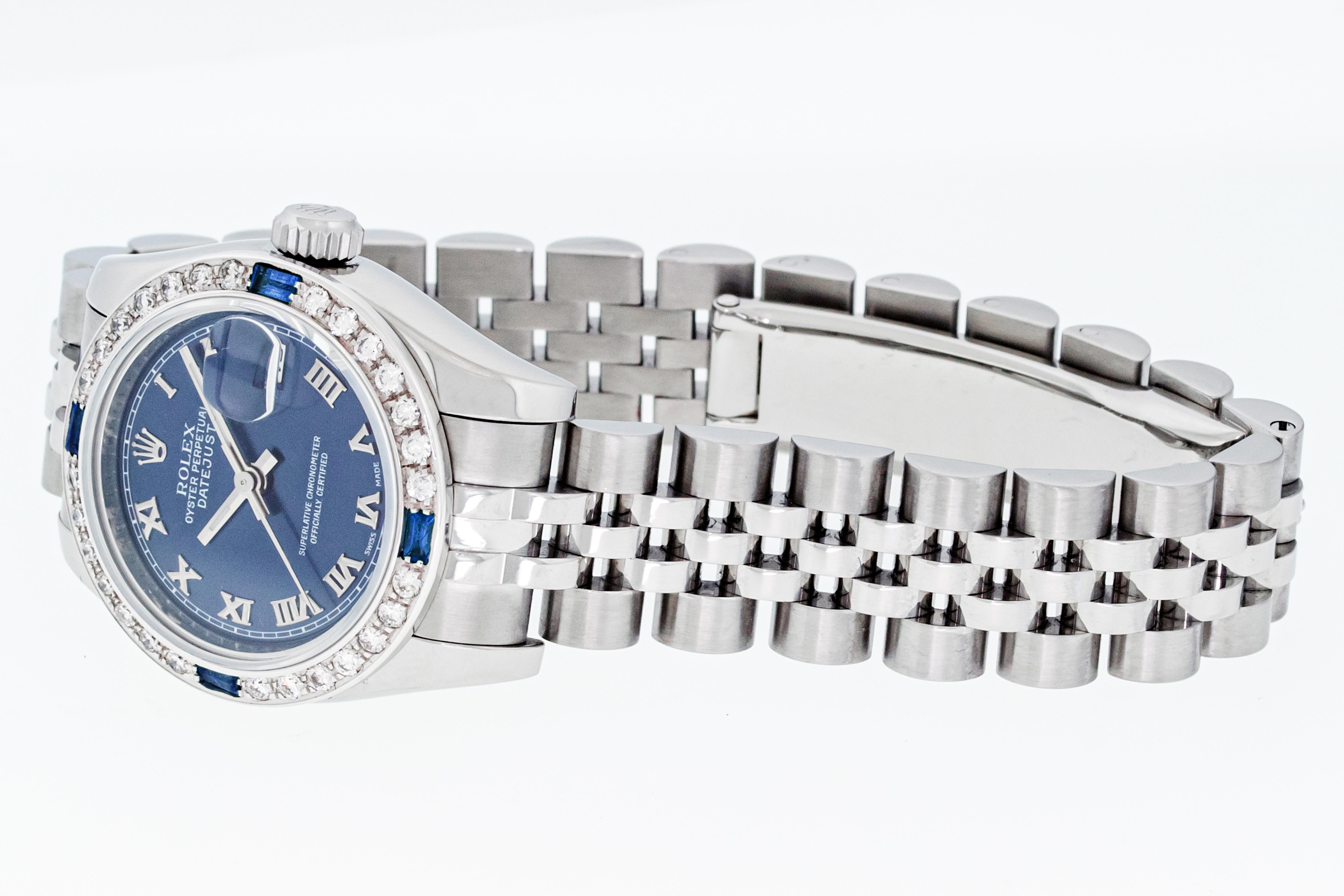 Taille ronde Rolex Montre Datejust 179174 en acier et or 18 carats avec diamants romains bleus et saphirs en vente