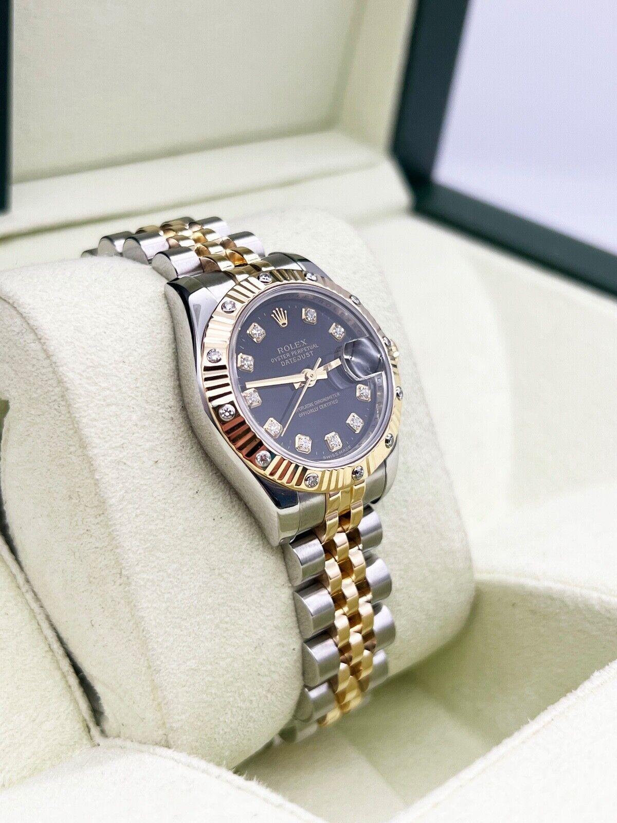 Rolex Ladies Datejust 179313 Diamond Bezel and Dial 18K Gold Steel Box Booklet In Excellent Condition For Sale In San Diego, CA