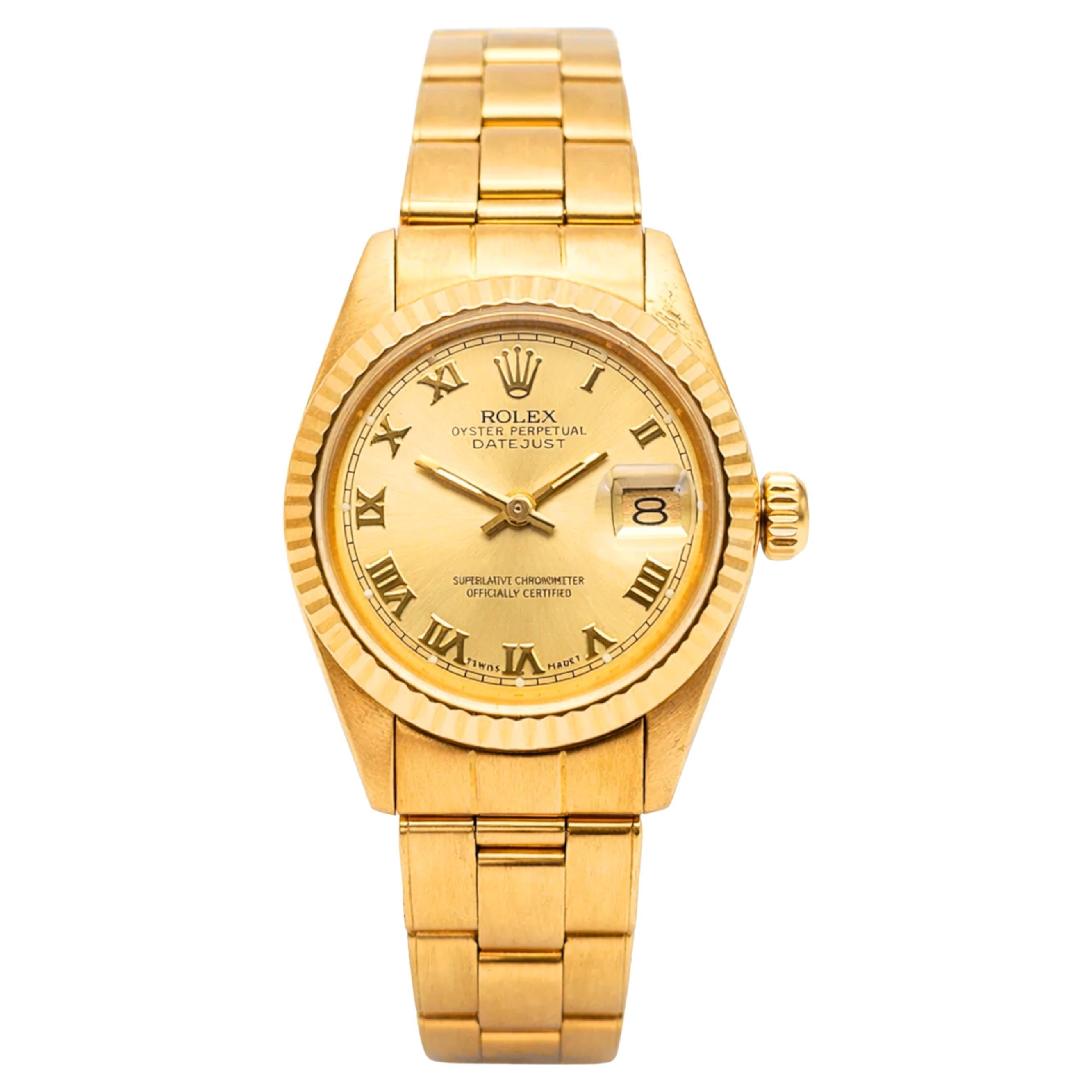 Rolex Ladies Datejust 18K Yellow Gold Roman Numeral Watch For Sale