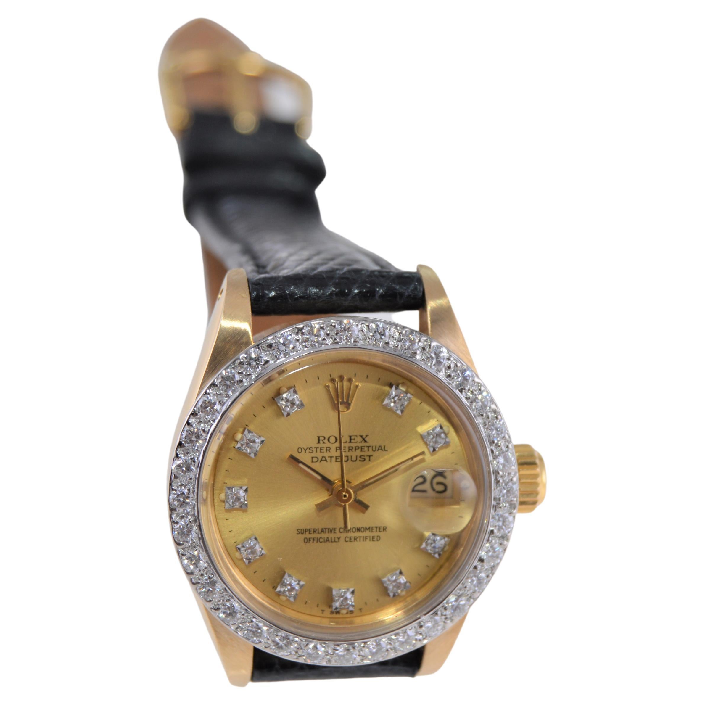 Rolex Ladies Datejust 18 Karat Yellow Gold with Diamond Bezel, 1970s In Excellent Condition For Sale In Long Beach, CA