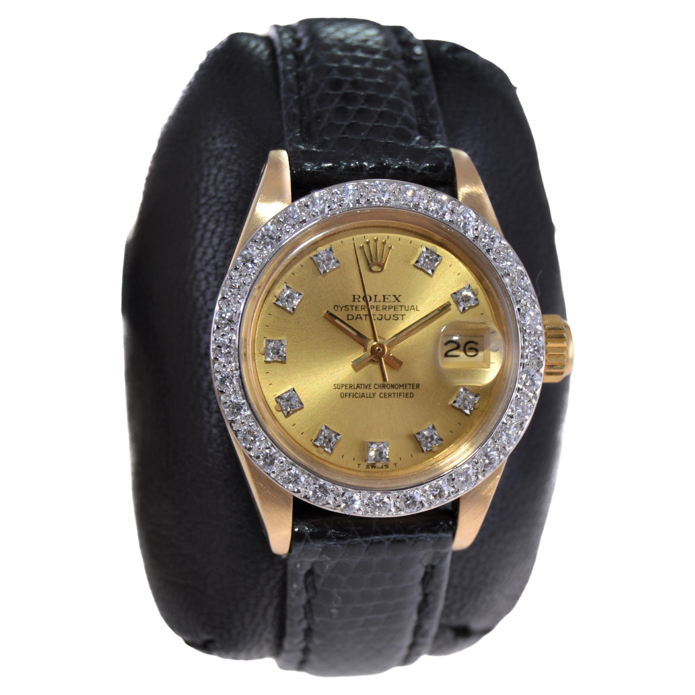 Rolex Ladies Datejust 18 Karat Yellow Gold with Diamond Bezel, 1970s For Sale