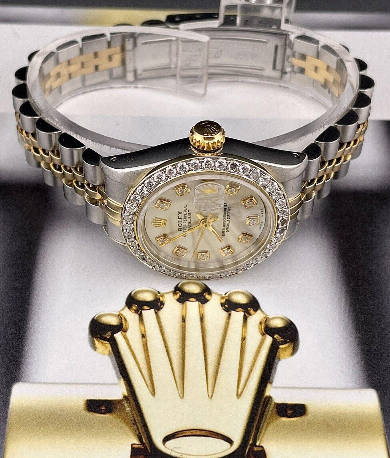 Round Cut Rolex Ladies Datejust 26mm 18k Gold & Steel Watch ICED 1.5ct Diamonds White Dial For Sale
