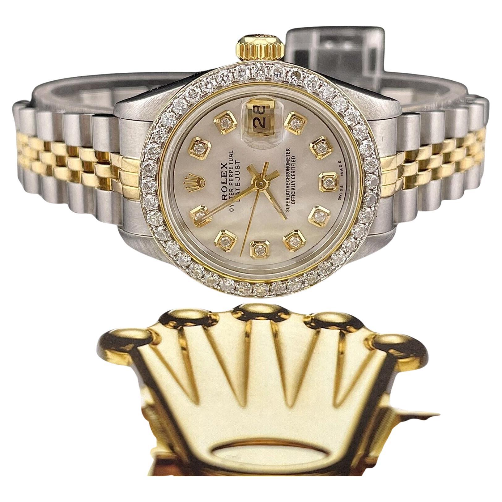 Rolex Ladies Datejust 26mm 18k Gold & Steel Watch ICED 1.5ct Diamonds White Dial For Sale