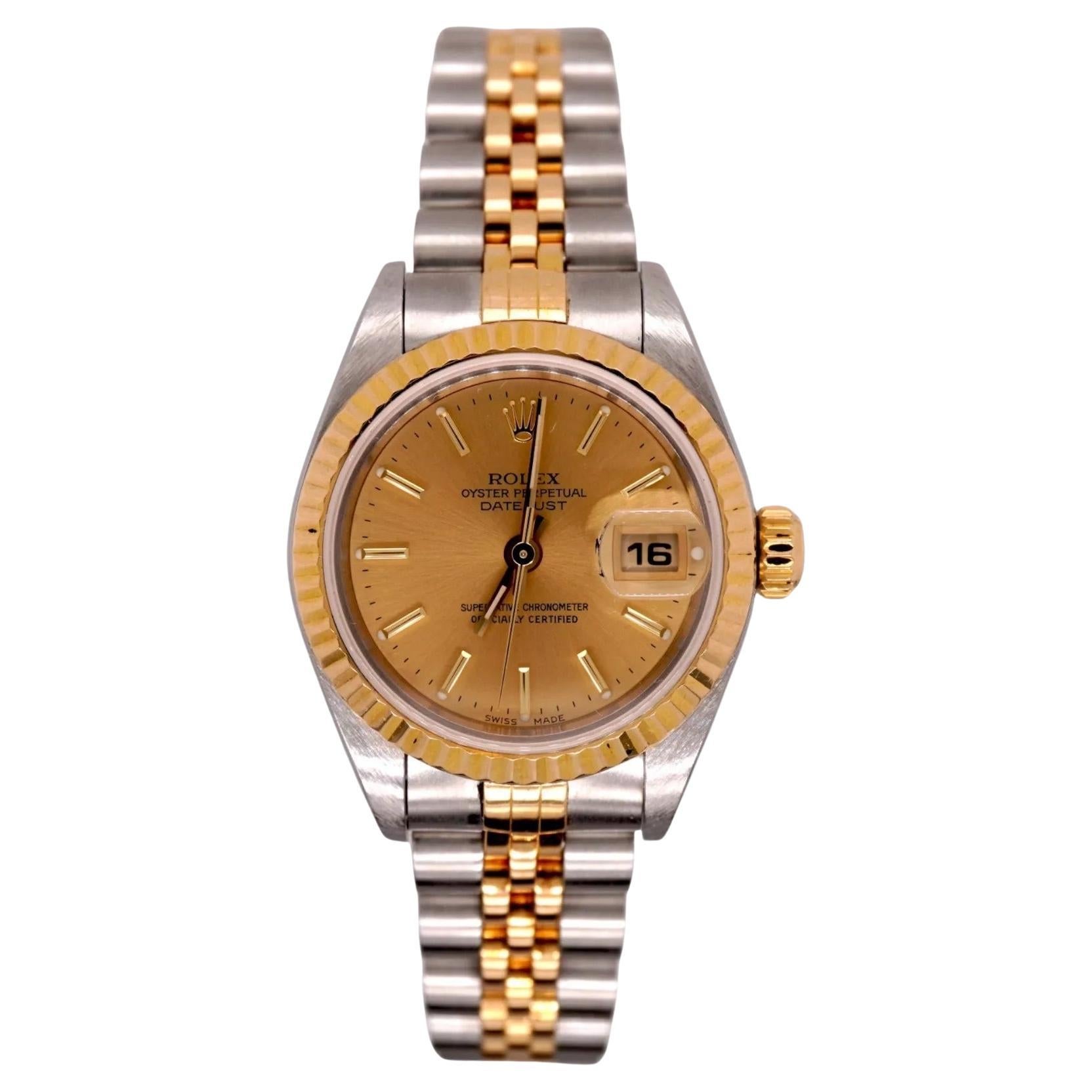 Rolex Ladies Datejust 26mm 18k Yellow Gold & Steel Gold Dial Watch Ref: 69173 For Sale