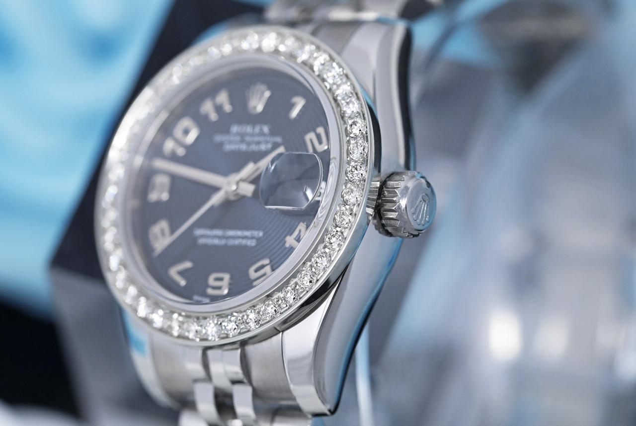 Rolex Ladies Datejust 26mm Blue Arabic Numerals Dial 179174 Diamond Bezel Steel Ladies Watch

Listed images are actual pictures of the watch. We guarantee the watch you receive corresponds 100% to the model when viewed in person. We can confidently