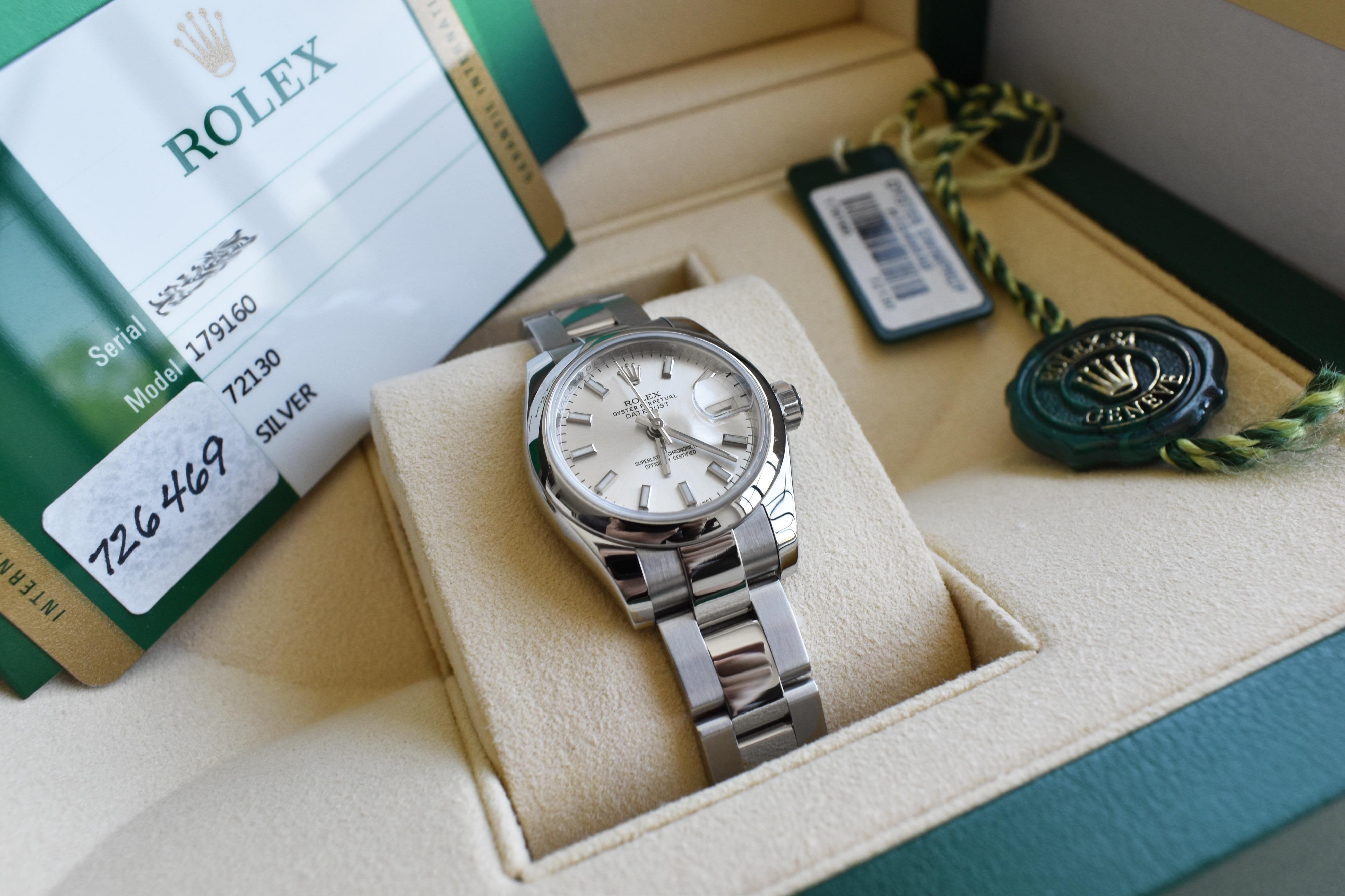 You are viewing a brand new Rolex ladies Datejust, 26 millimeter case, reference 179160, This watch is an automatic, self-winding movement with a date function and a silver dial with stick markers. The case is stainless steel with a smooth,