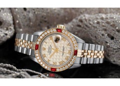 Rolex Ladies Datejust Cream Pyramid Dial with Ruby & Diamond Bezel Watch