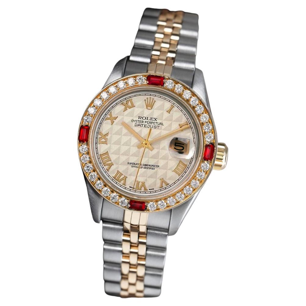 Rolex Ladies Datejust Cream Pyramid Dial with Ruby & Diamond Bezel Watch For Sale