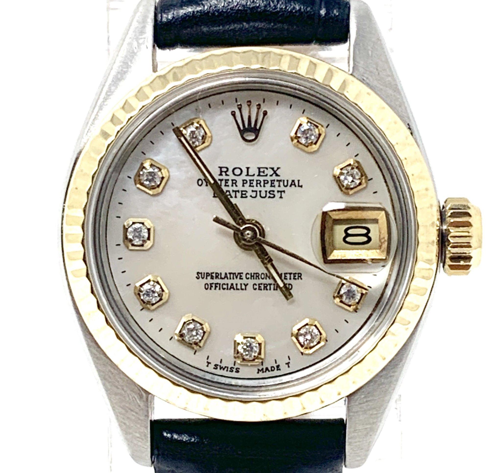 Modern Rolex Ladies Datejust 26mm MOP Diamond two-tone on Black Leather For Sale