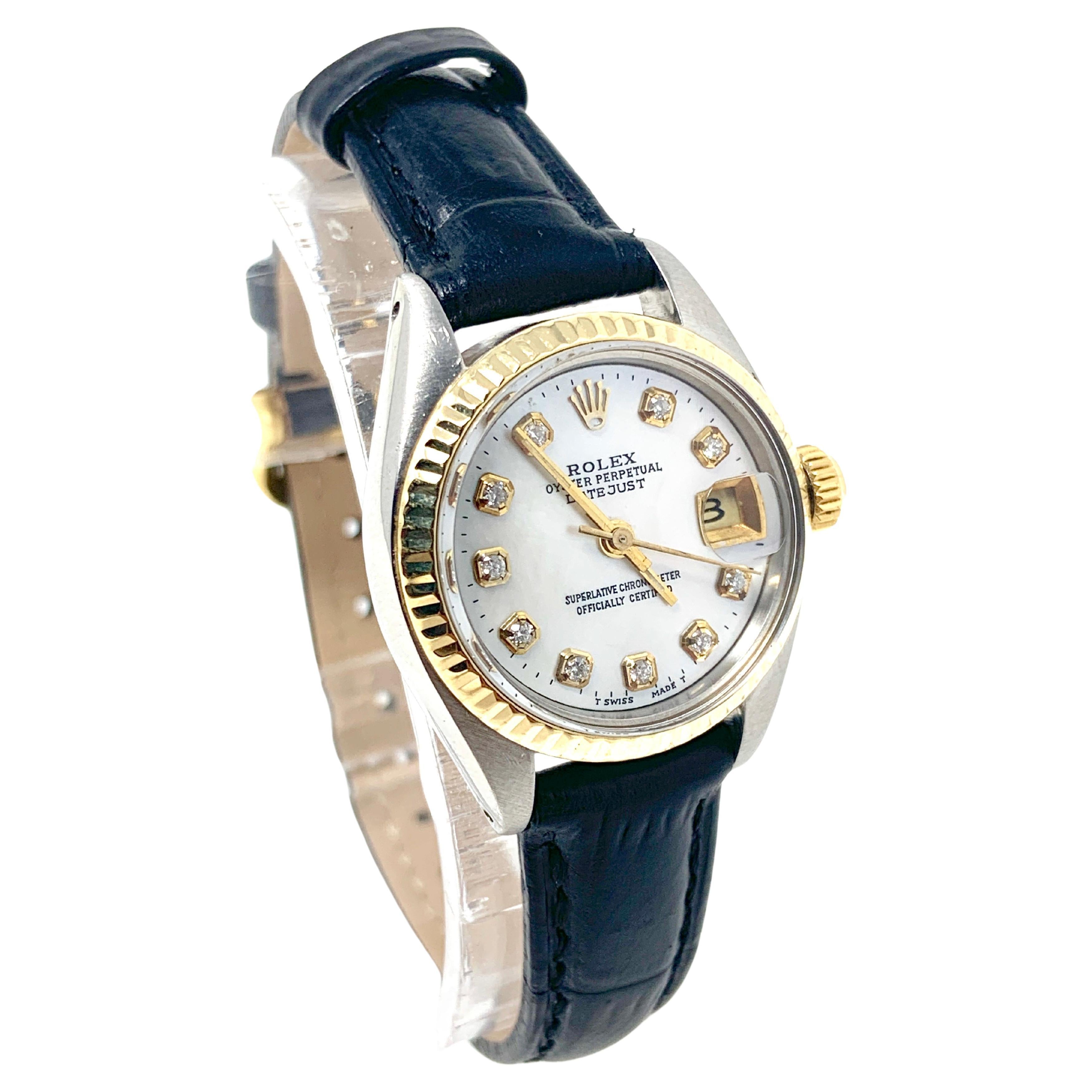 Round Cut Rolex Ladies Datejust 26mm MOP Diamond two-tone on Black Leather For Sale