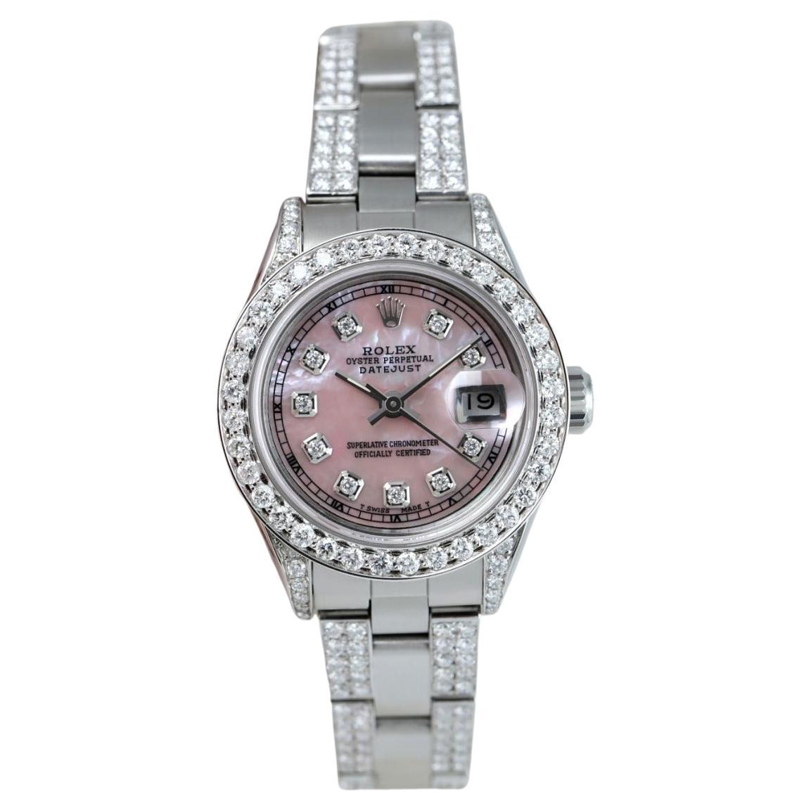 Rolex Ladies Datejust Pink Pearl Track SS Oyster Perpetual Diamond Watch