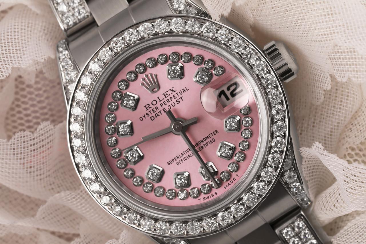 Ladies Rolex Pink String 26mm Datejust S/S Oyster Perpetual Diamonds on Side Bracelet + Bezel & Lugs 69174

