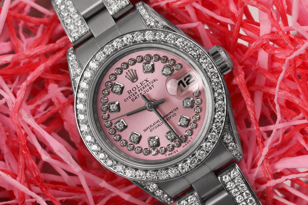 Taille ronde Rolex Montre Datejust avec cordon rose et diamants perpétuels en forme d'huître, 26 mm en vente