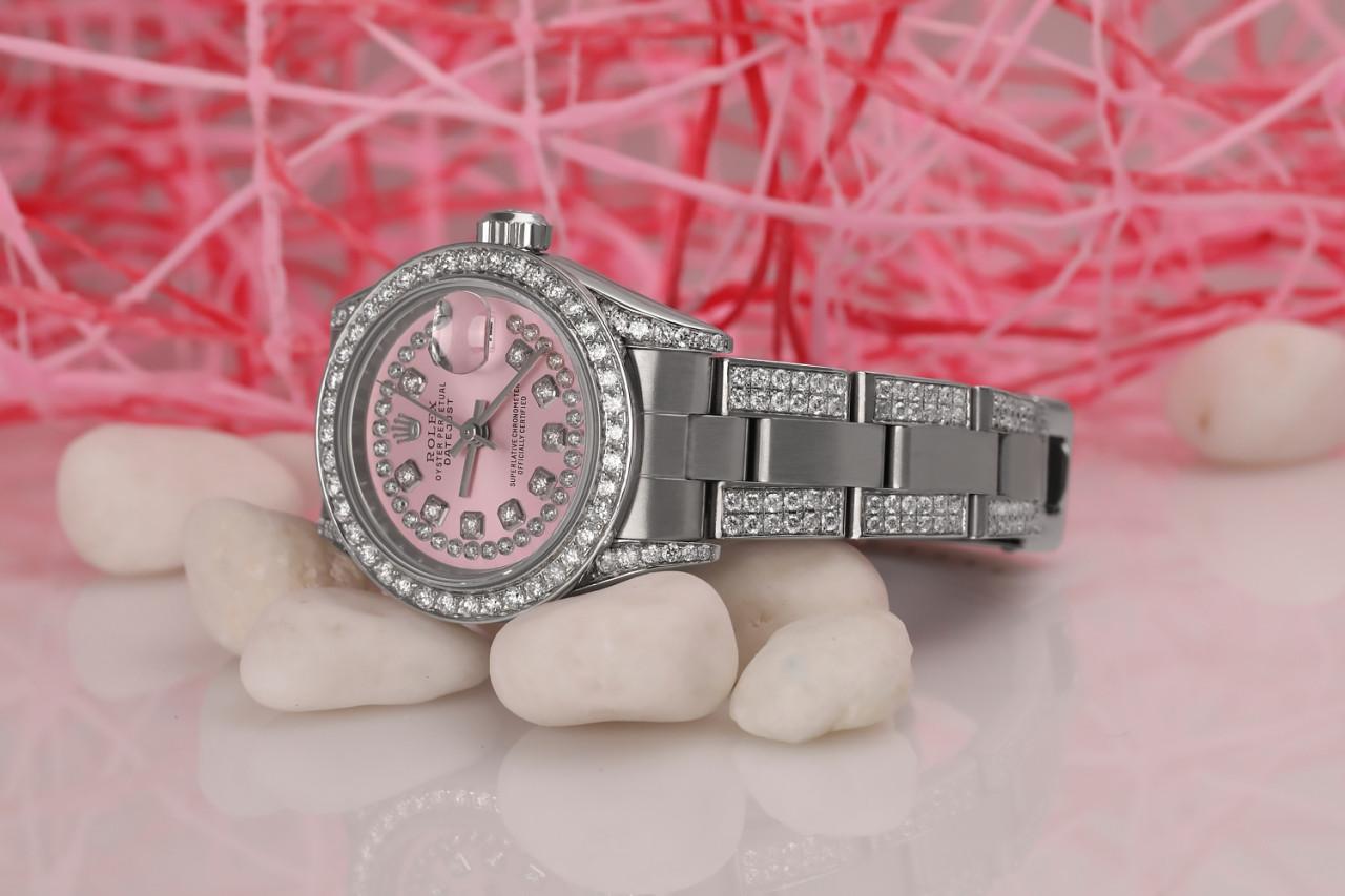 Round Cut Rolex Ladies Datejust Pink String S/S Oyster Perpetual Diamonds Watch For Sale